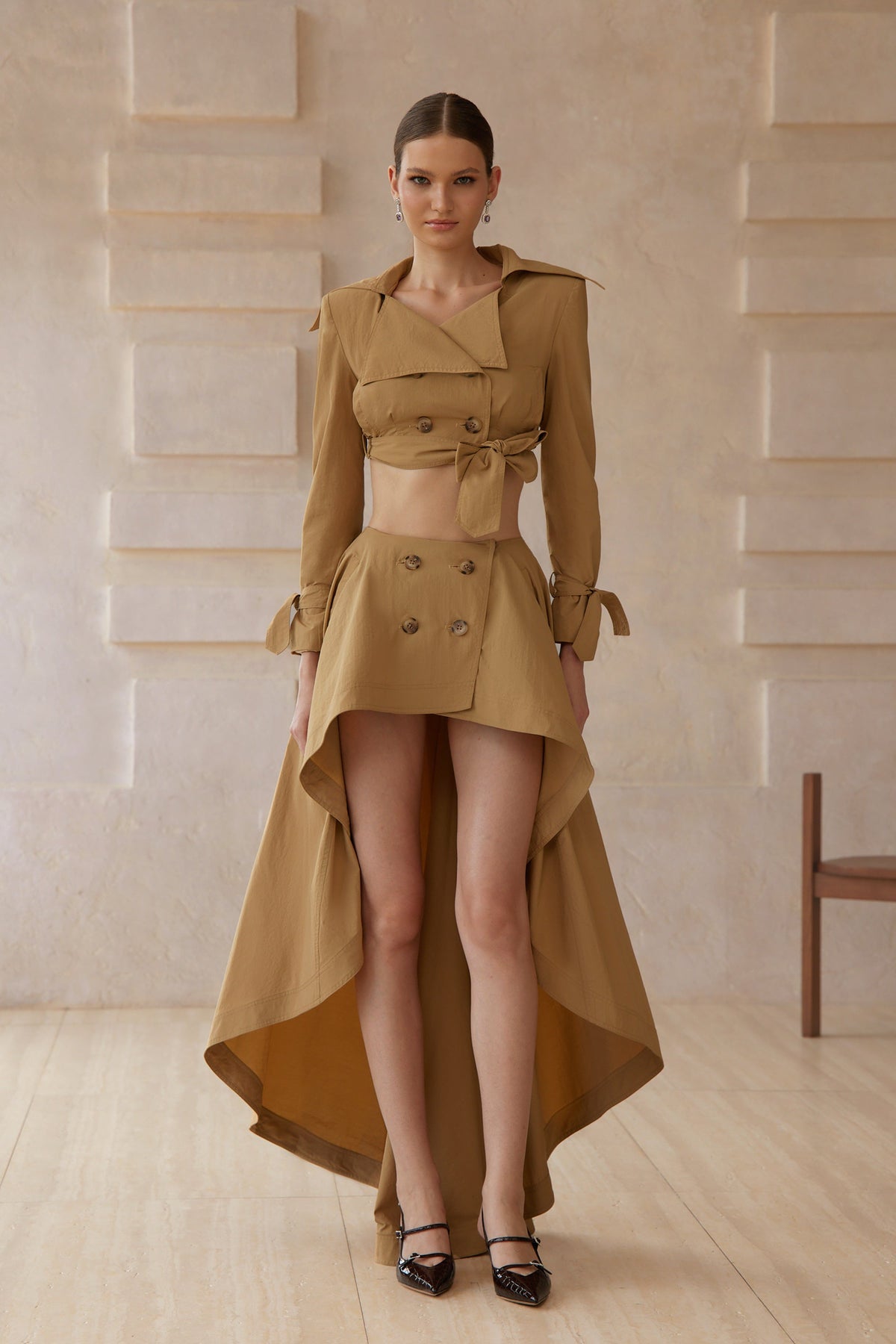Maelle Khaki Cropped Trench Jacket & Skirt Matching Set