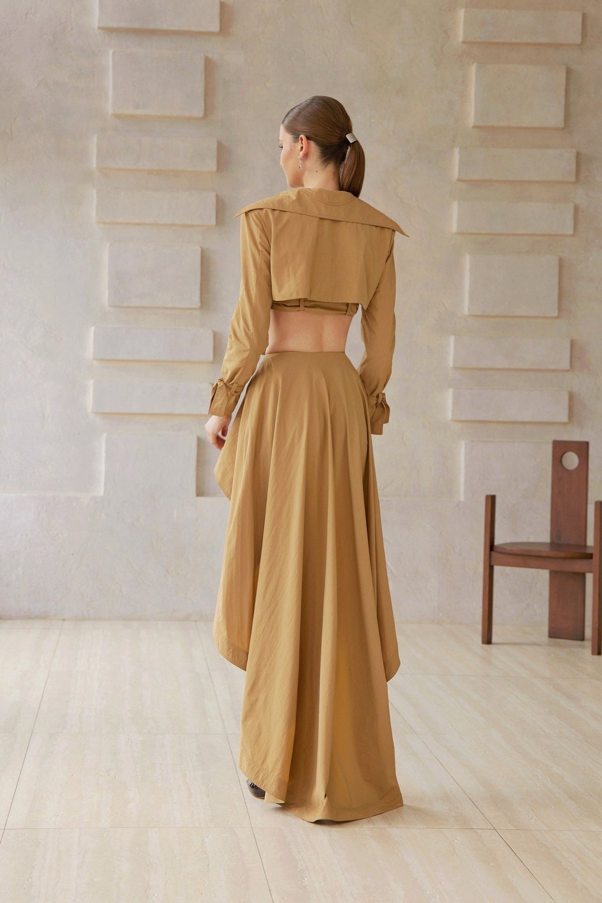 Maelle Khaki Cropped Trench Jacket & Skirt Matching Set