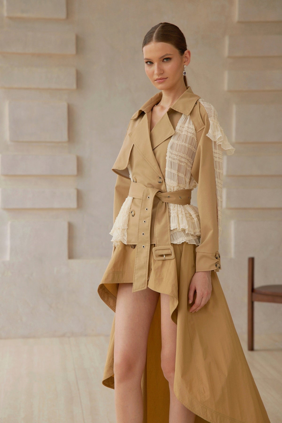 Sara Khaki Lace Panel Short Trench Coat