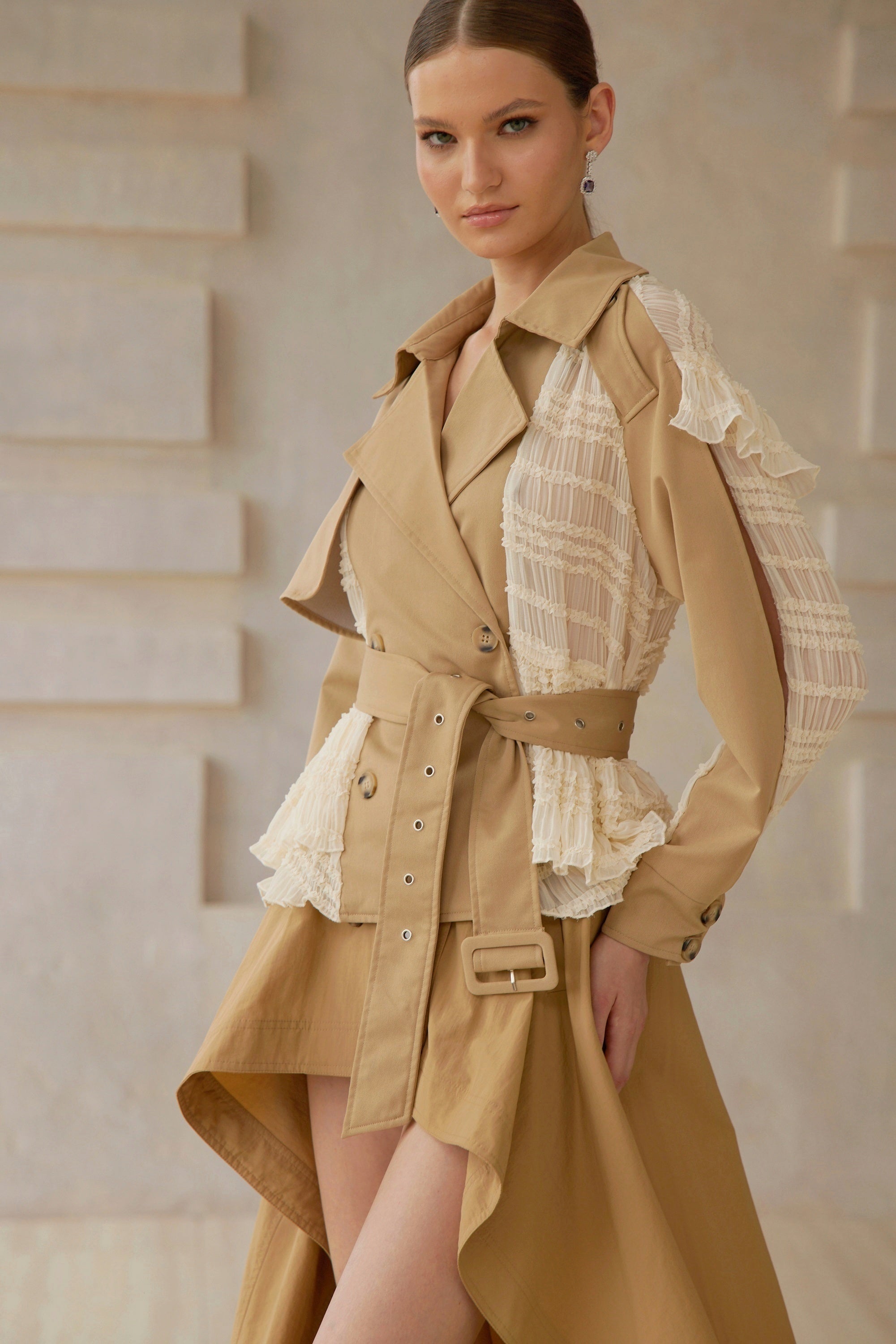 Sara Khaki Lace Panel Short Trench Coat