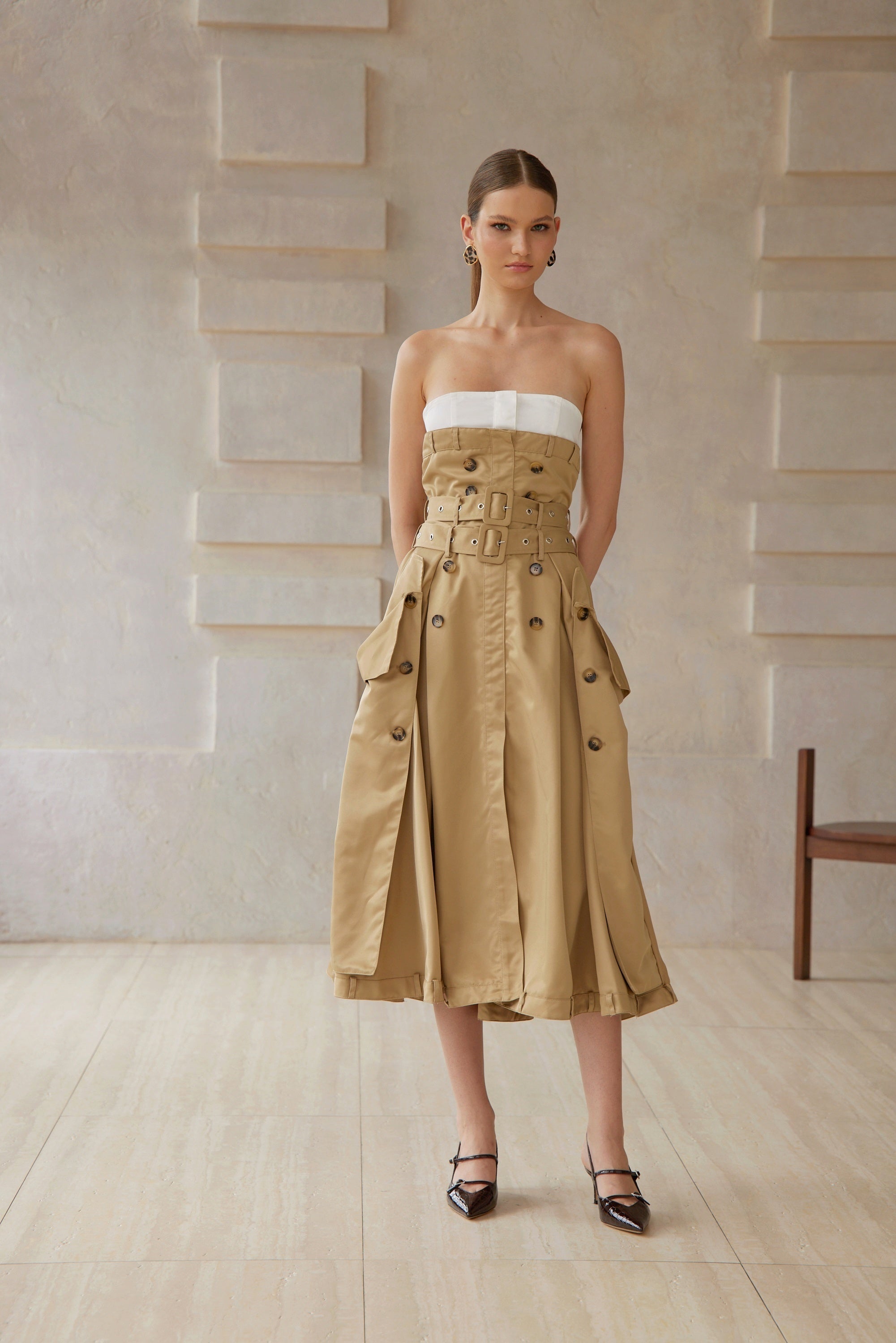Alba Khaki Trench Style Midi Dress