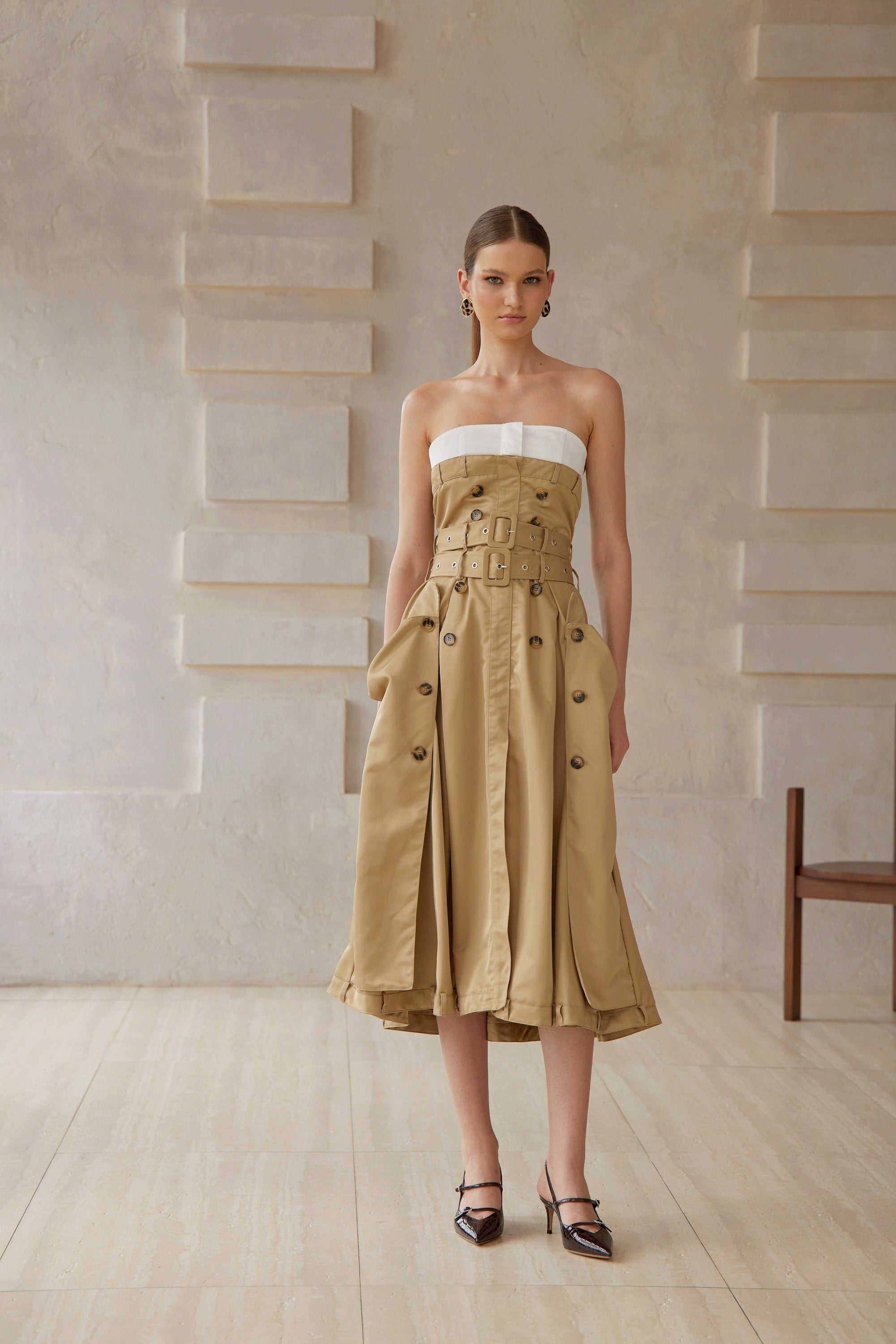 Alba Khaki Trench Style Midi Dress