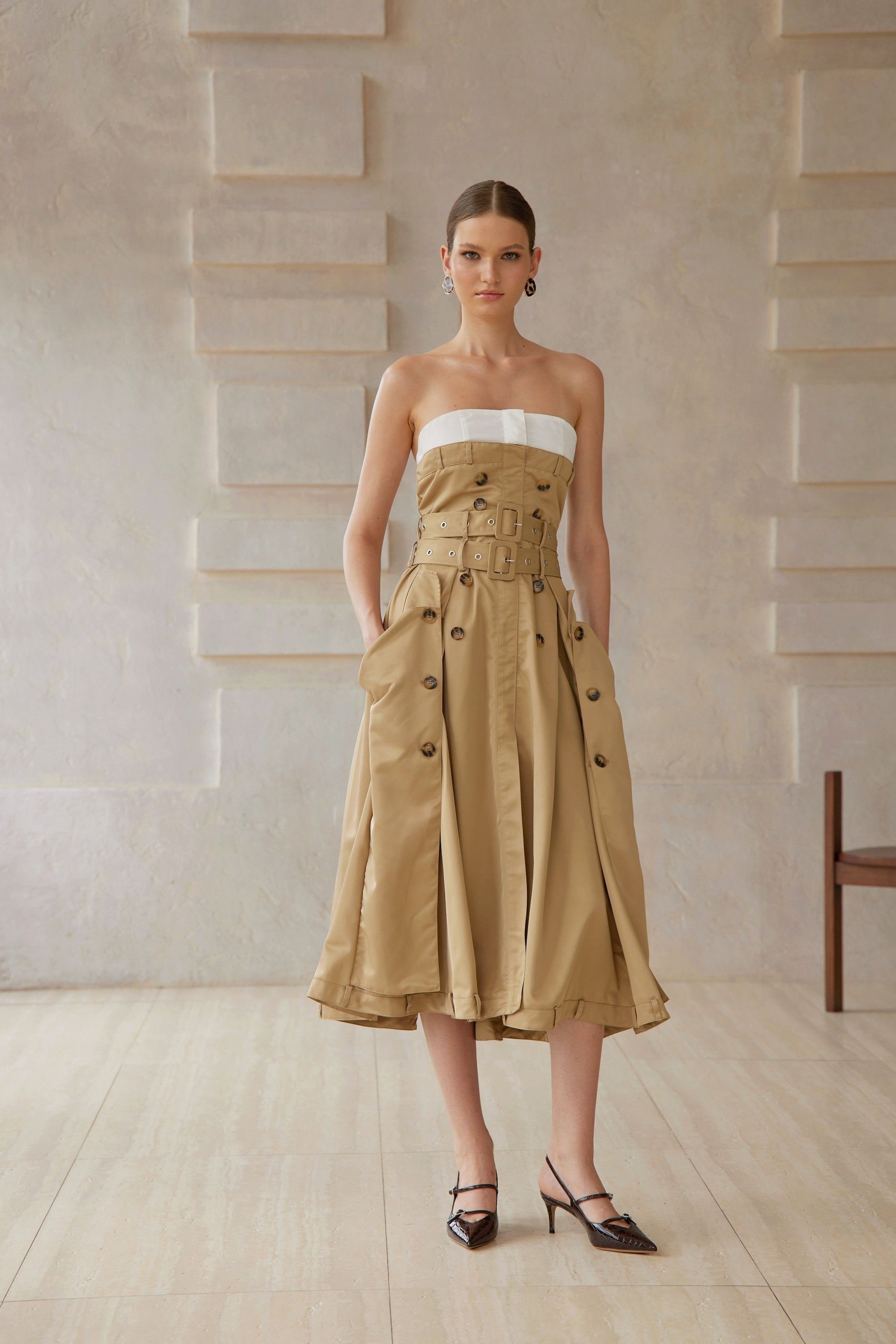 Alba Khaki Trench Style Midi Dress