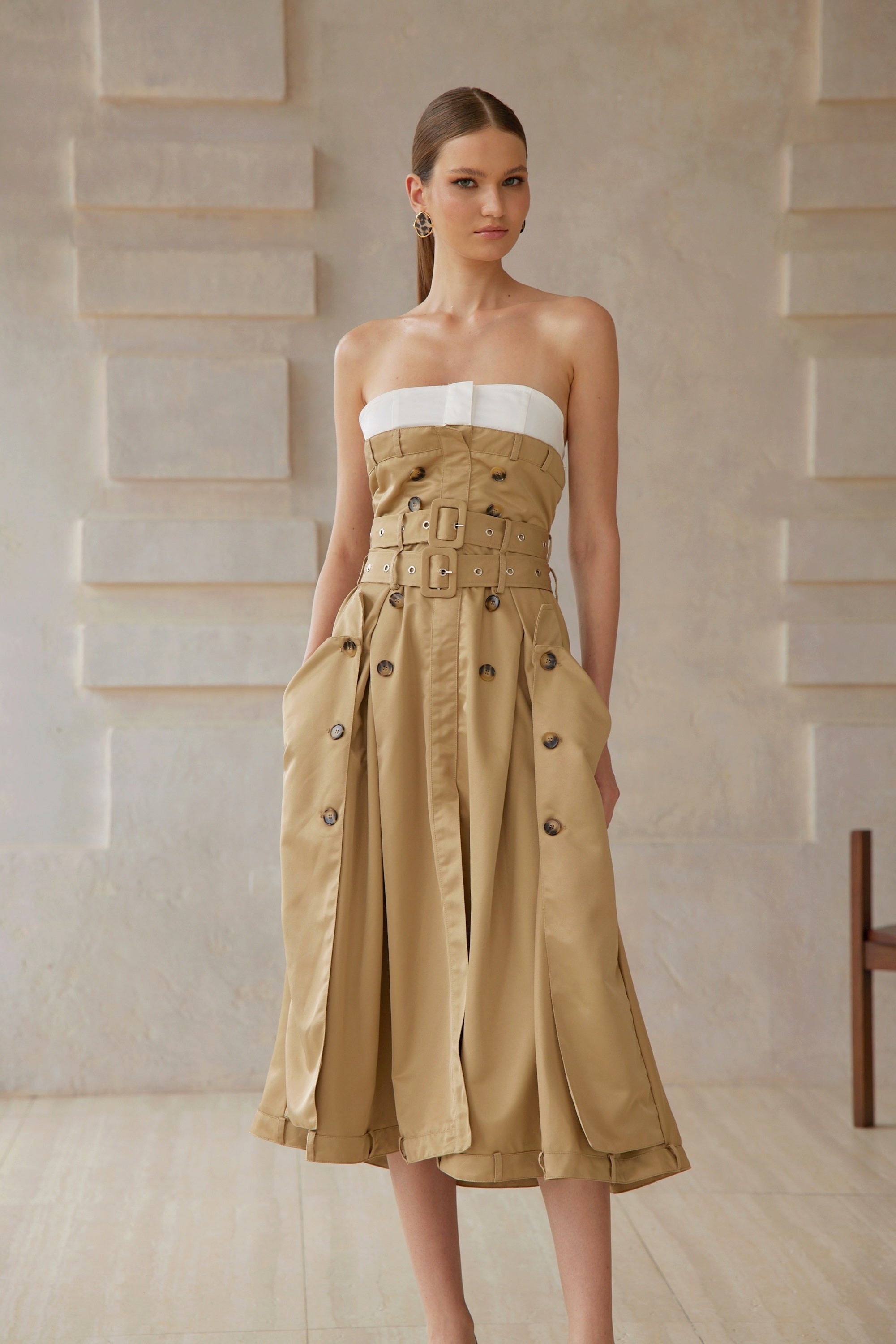 Alba Khaki Trench Style Midi Dress