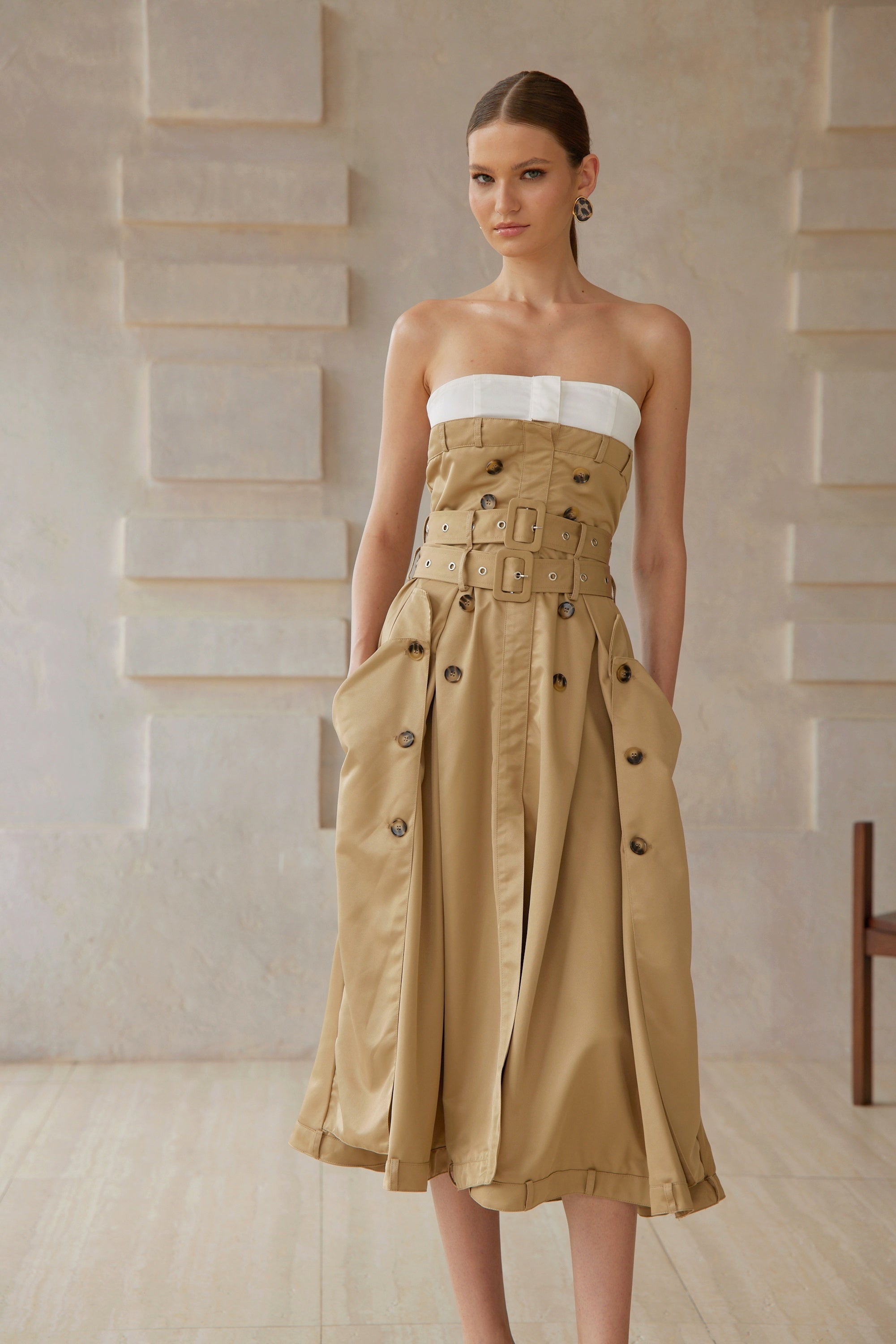 Alba Khaki Trench Style Midi Dress