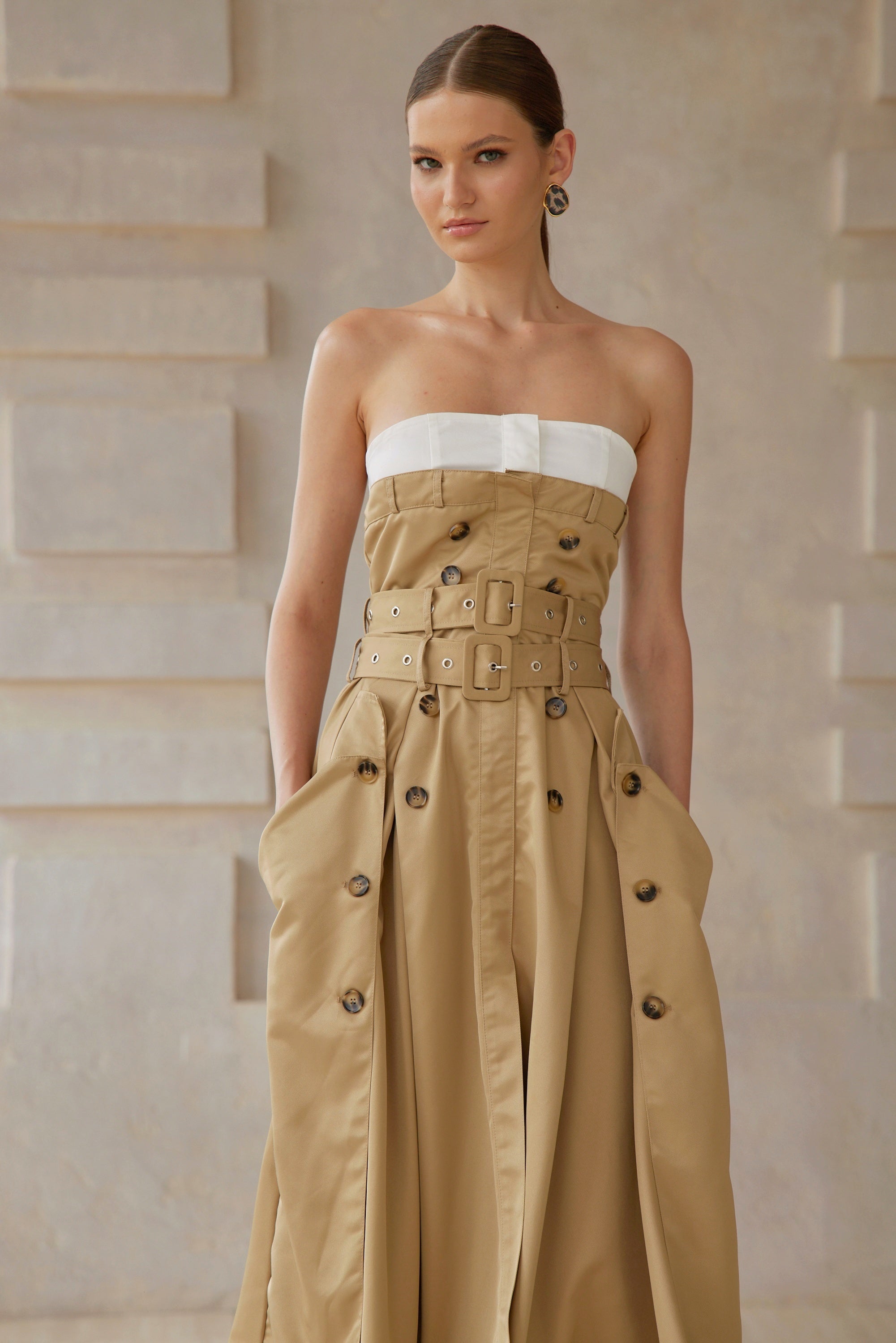 Alba Khaki Trench Style Midi Dress