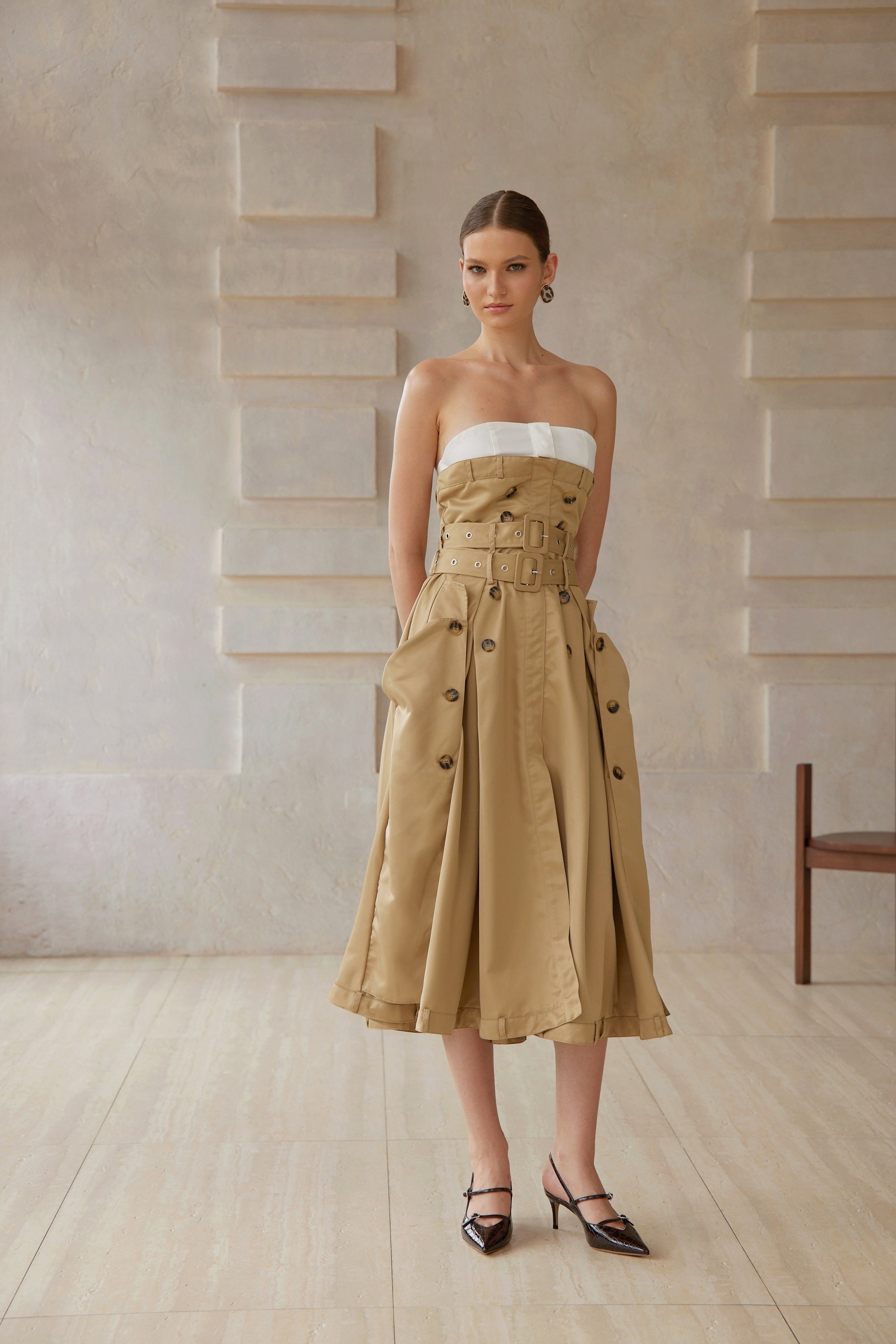 Alba Khaki Trench Style Midi Dress
