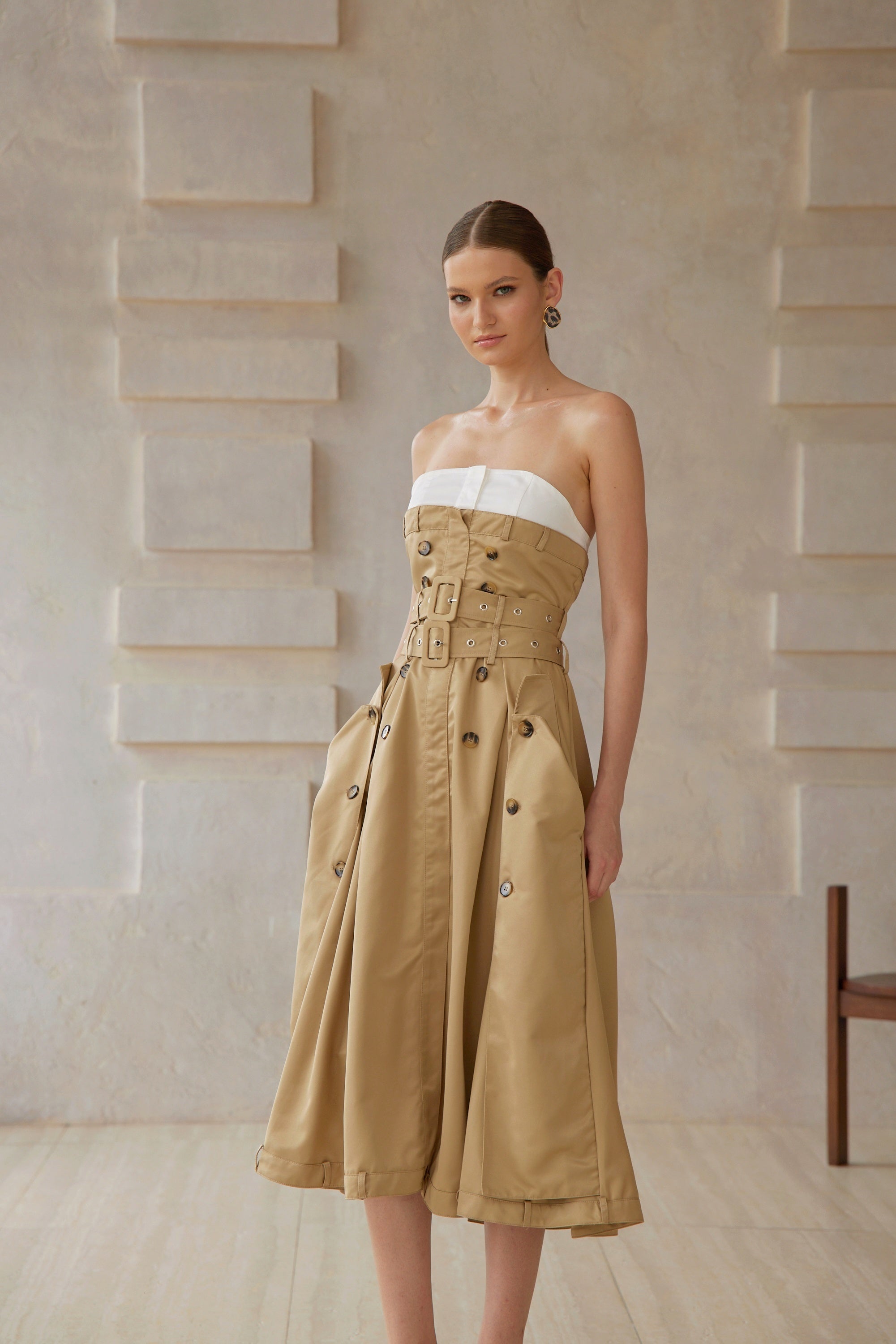 Alba Khaki Trench Style Midi Dress