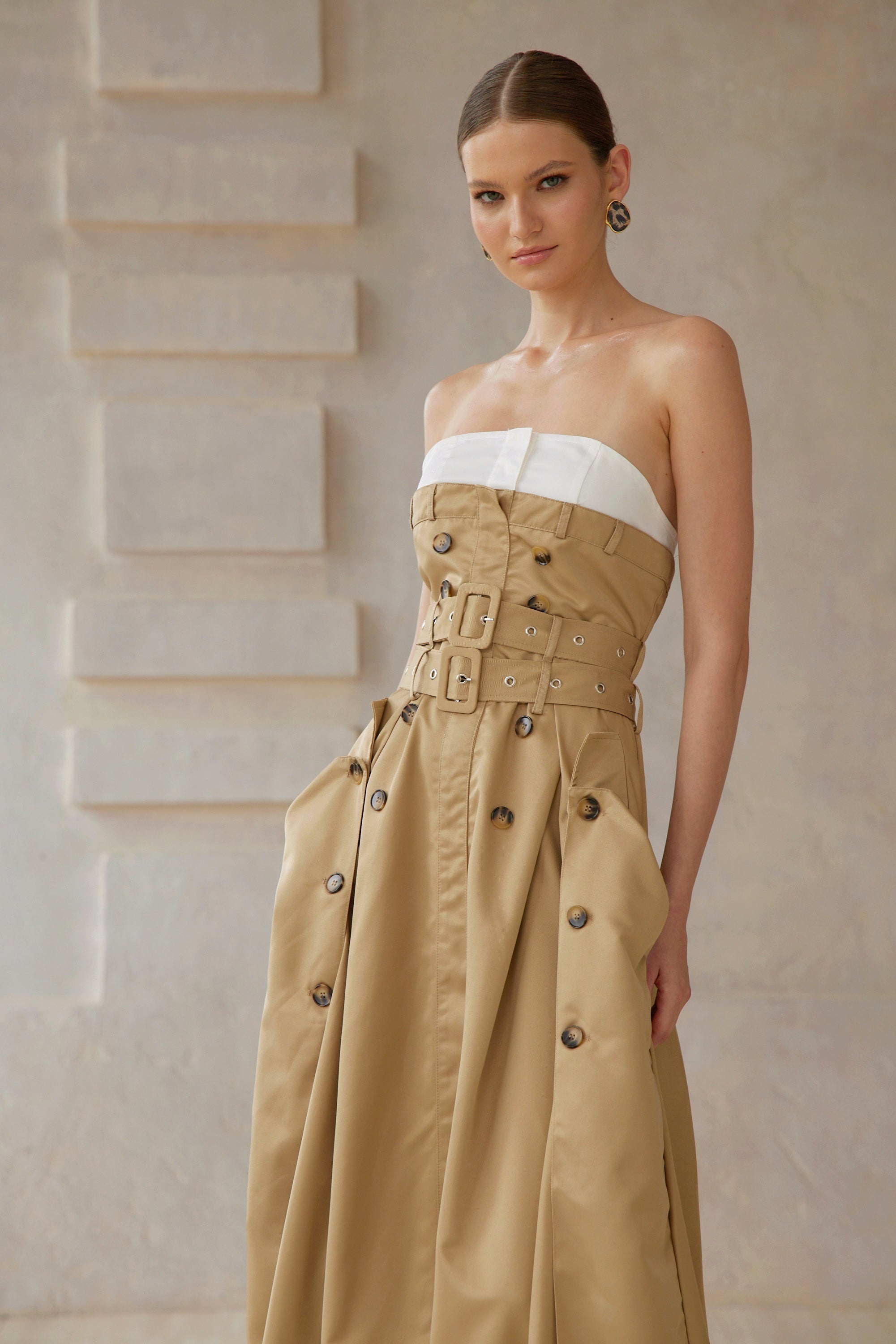Alba Khaki Trench Style Midi Dress