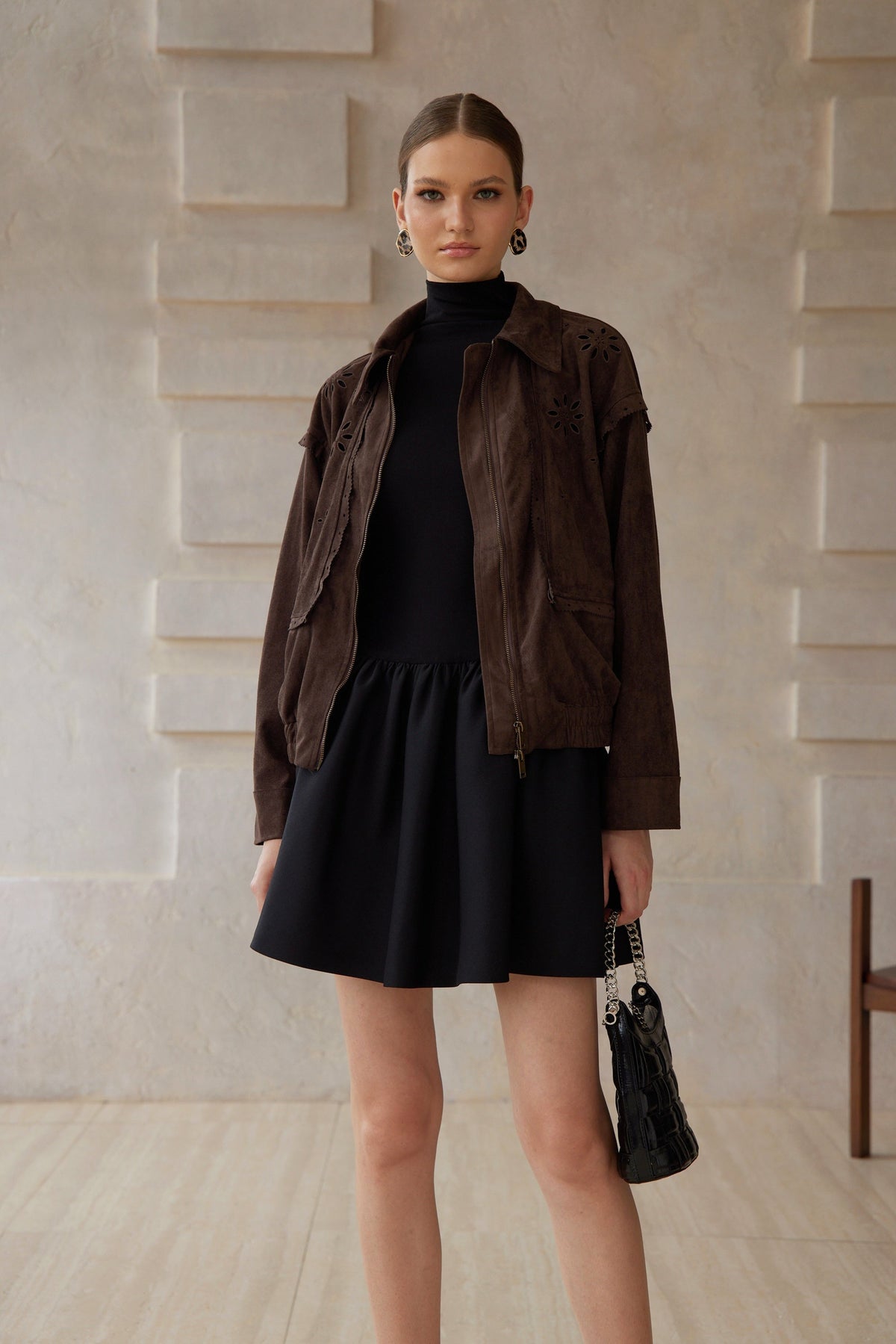 Élodie Brown Cut Out Floral Suede Jacket