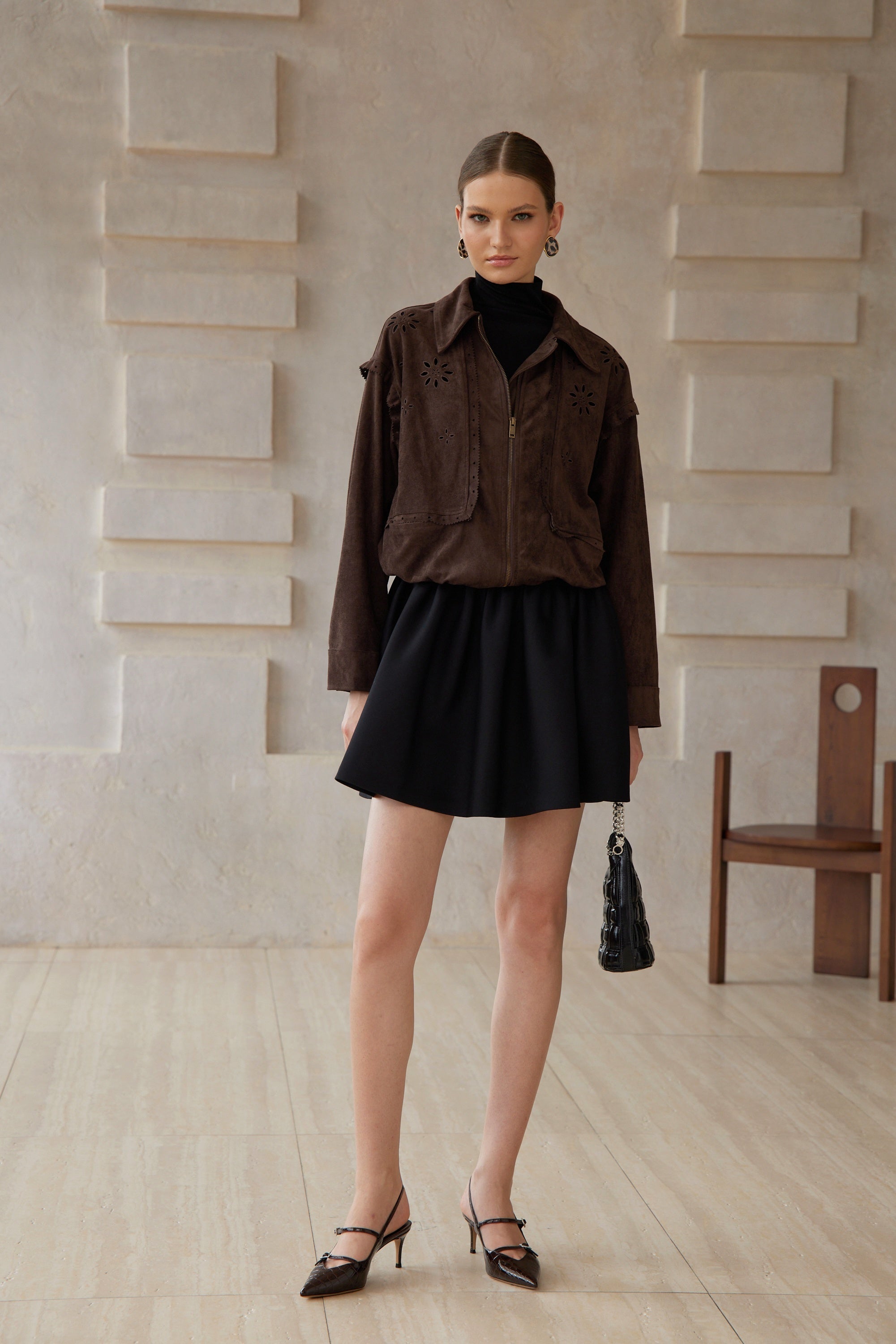 Élodie Brown Cut Out Floral Suede Jacket