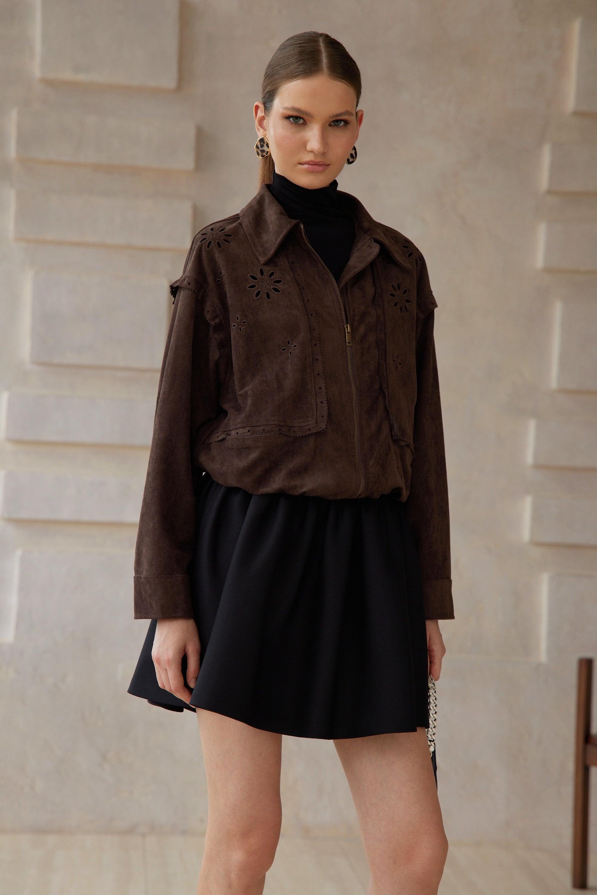 Élodie Brown Cut Out Floral Suede Jacket