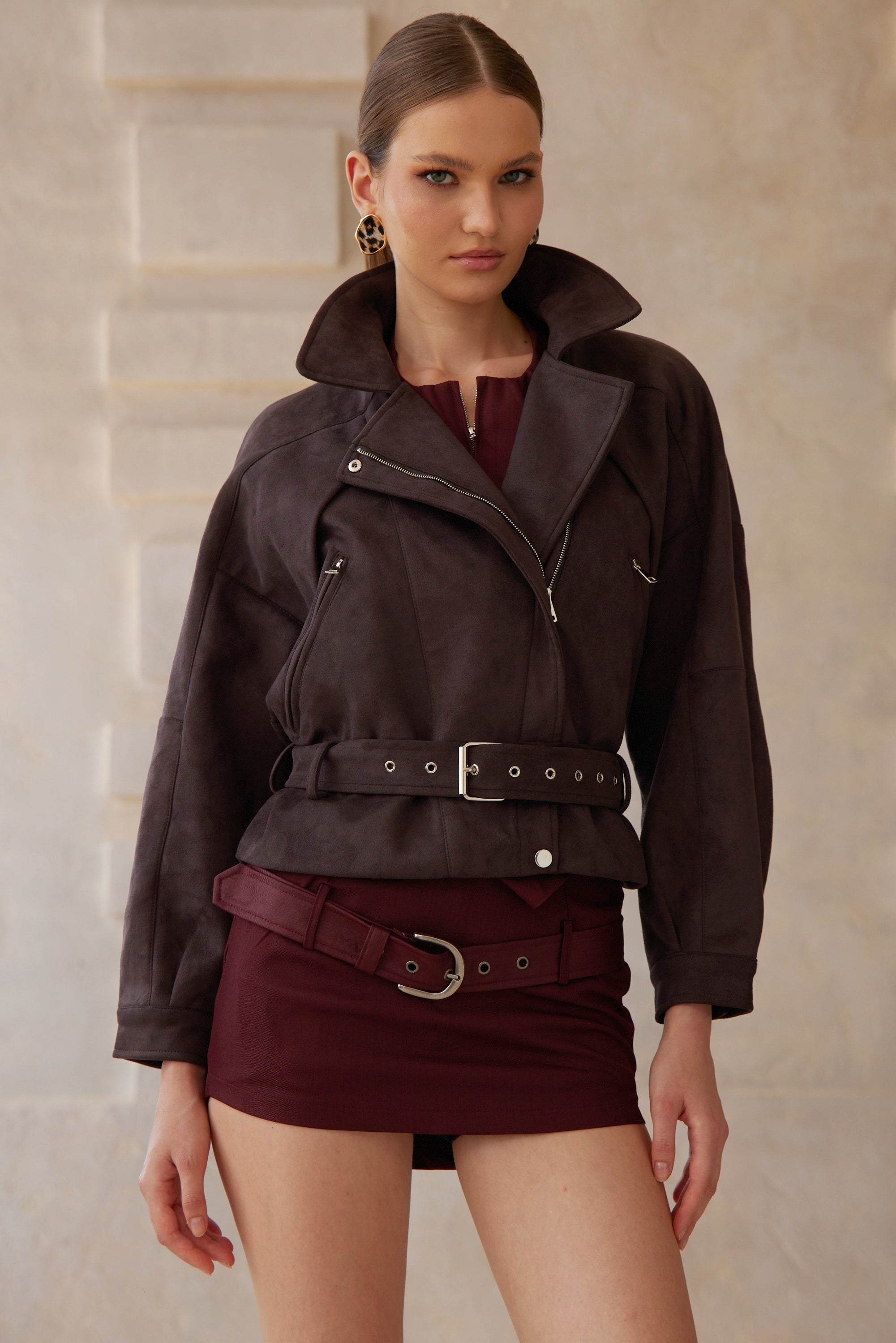 Laura Brown Belted Suede Biker Jacket