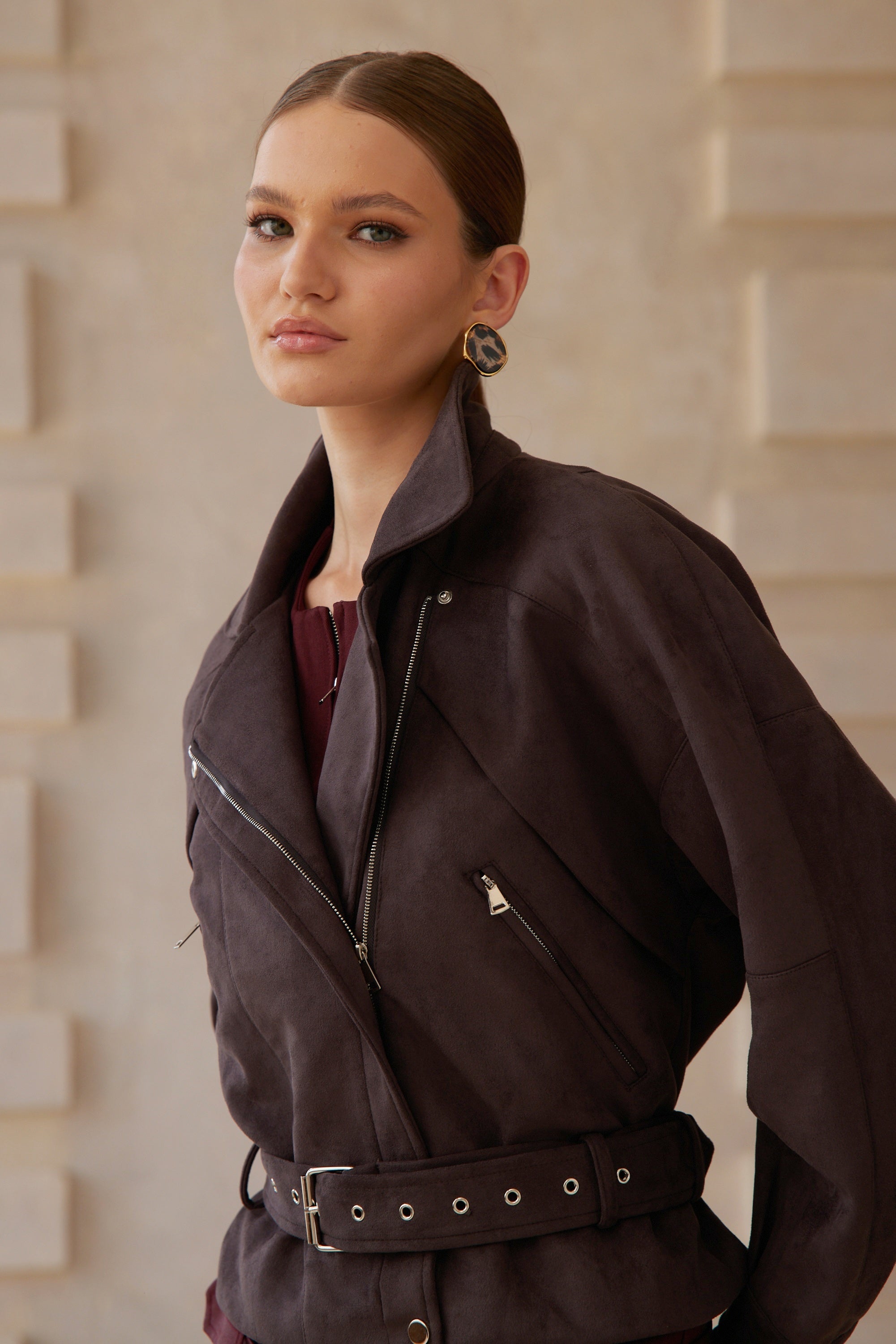 Laura Brown Belted Suede Biker Jacket