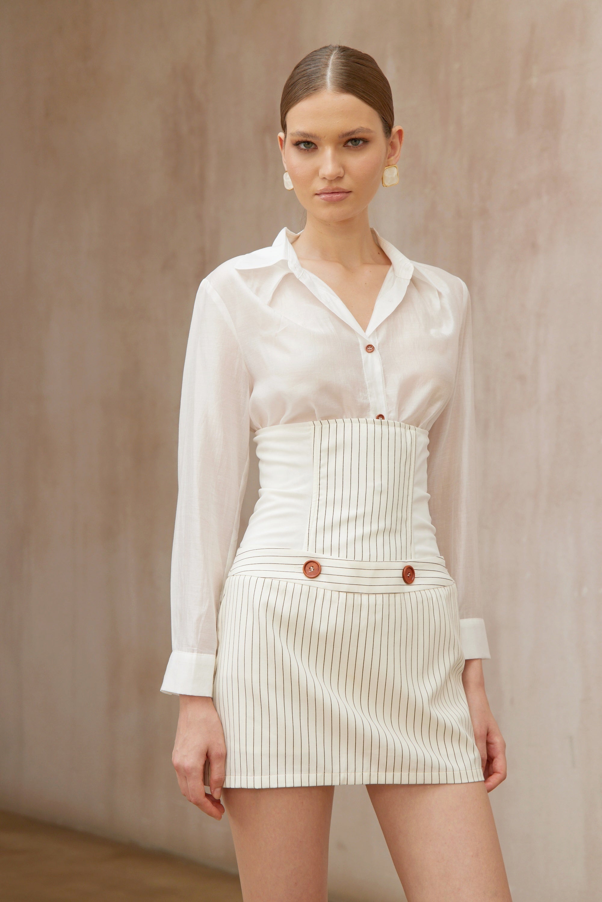 Eléonore White Striped Shirt & Skirt Set