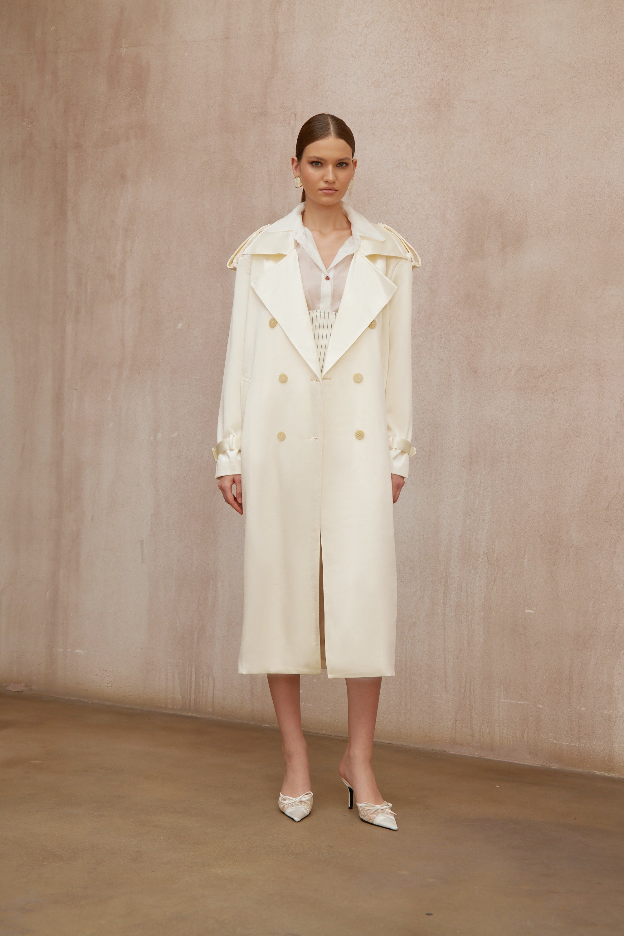 Amélie Cream White Satin Long Trench Coat - ivory