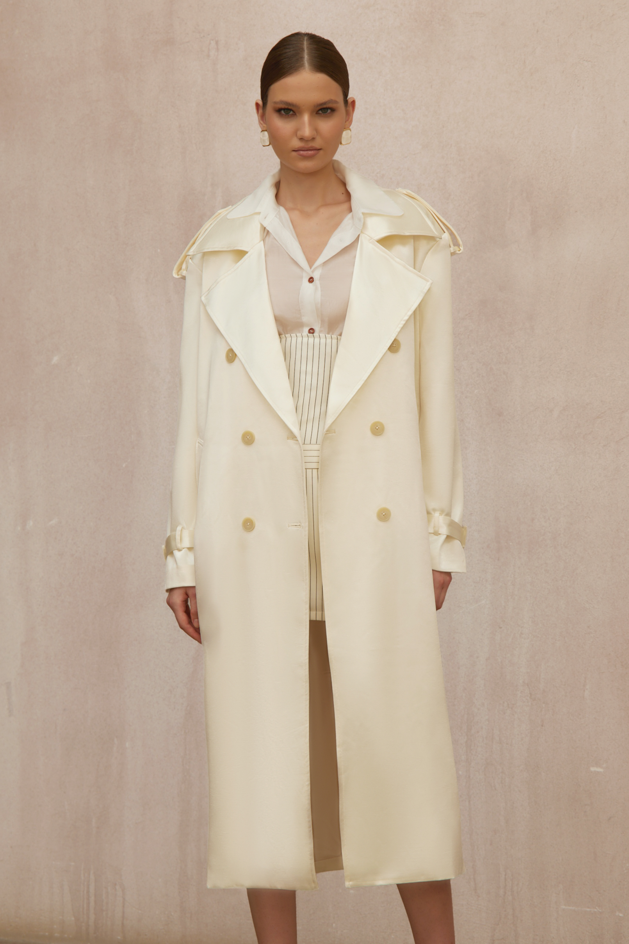 Amélie Cream White Satin Long Trench Coat (Final Sale-US Only)