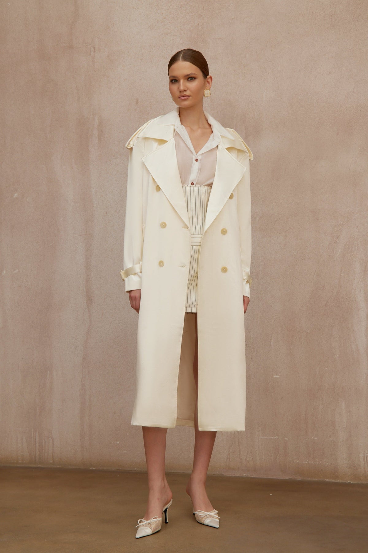 Amélie Cream White Satin Long Trench Coat (Final Sale-US Only)