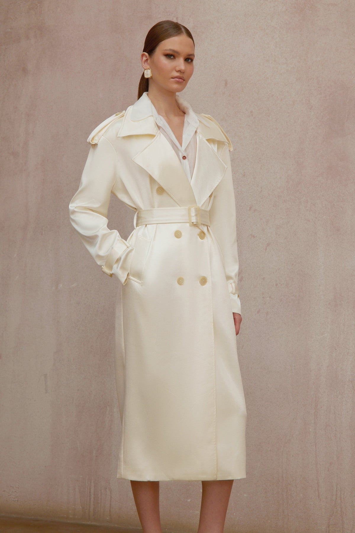 Amélie Cream White Satin Long Trench Coat