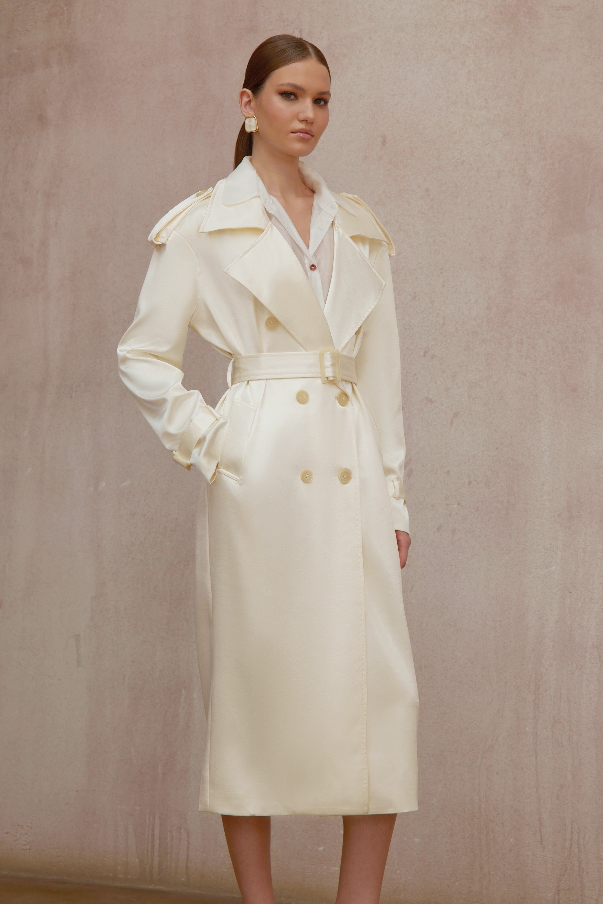 Amélie Cream White Satin Long Trench Coat - ivory