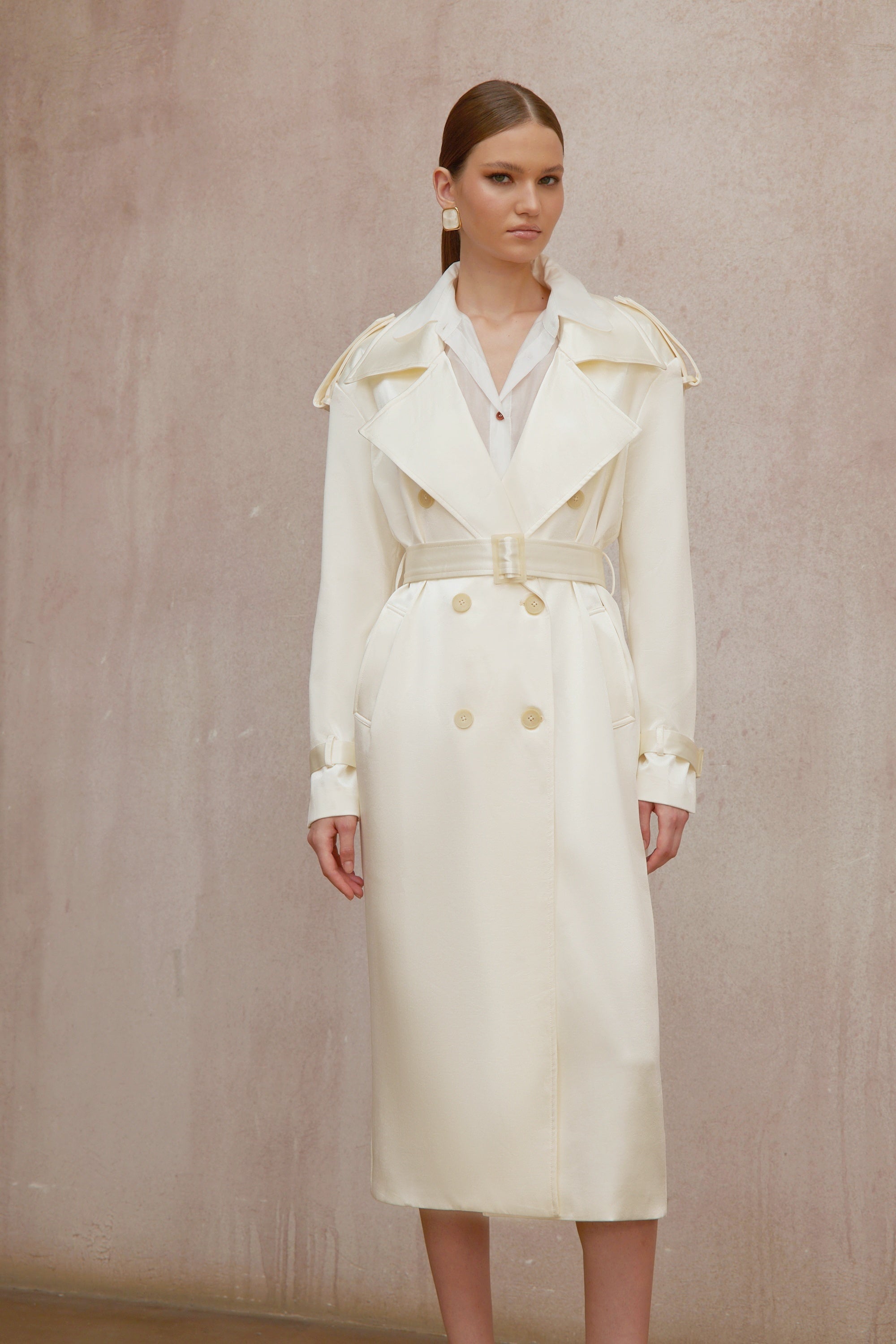 Amélie Cream White Satin Long Trench Coat - ivory