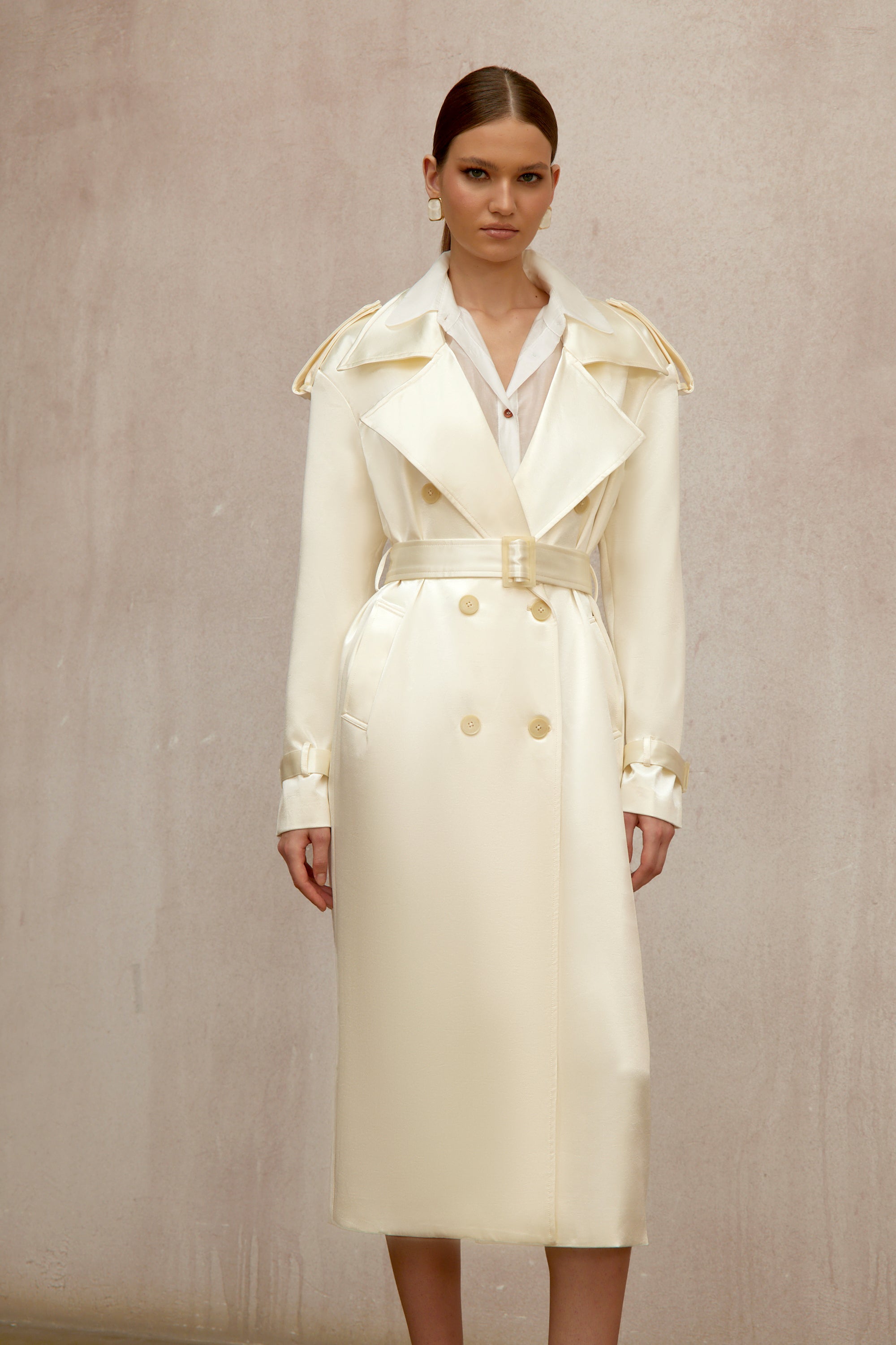 Amélie Cream White Satin Long Trench Coat - ivory