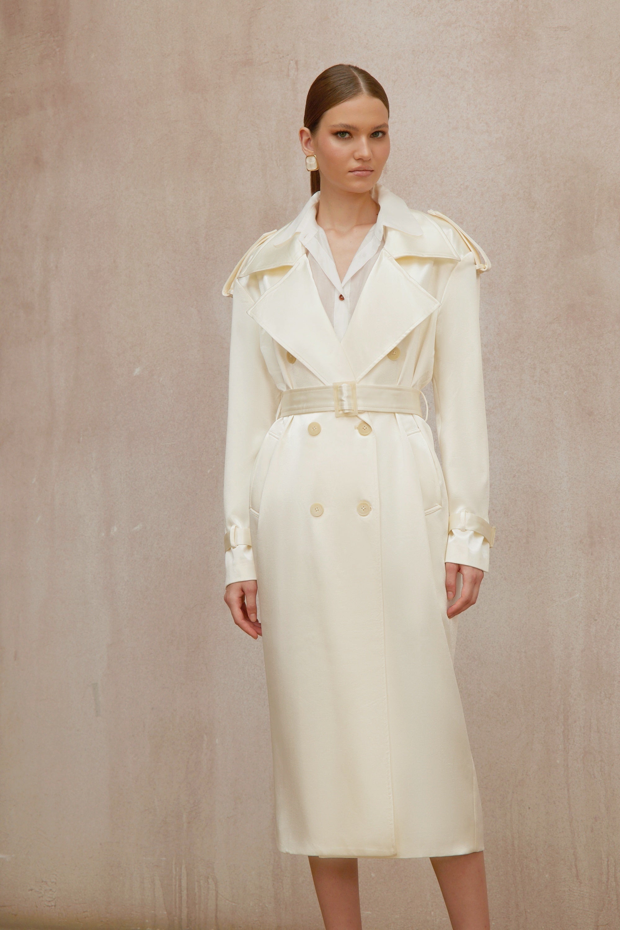 Amélie Cream White Satin Long Trench Coat - ivory