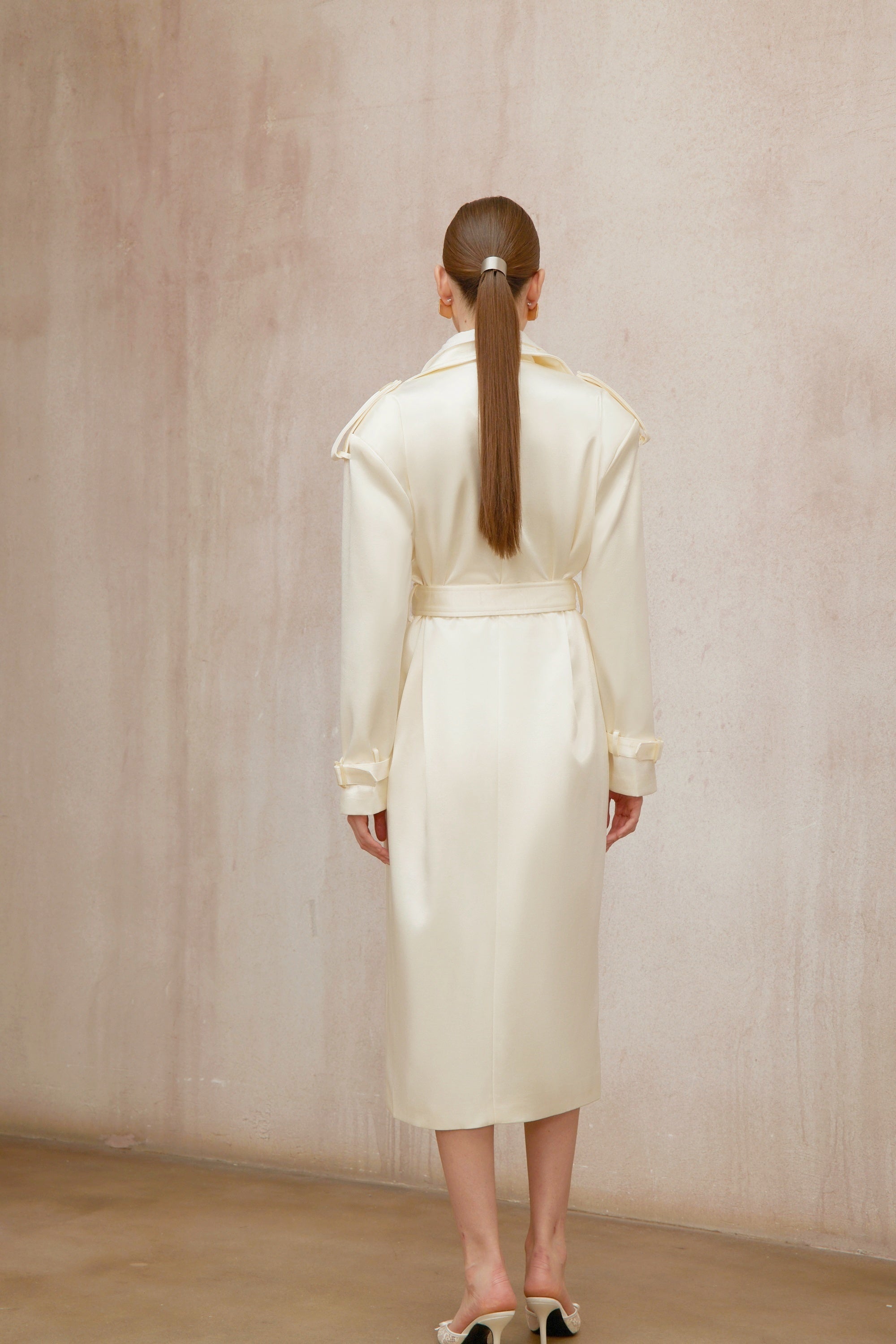 Amélie Cream White Satin Long Trench Coat - ivory