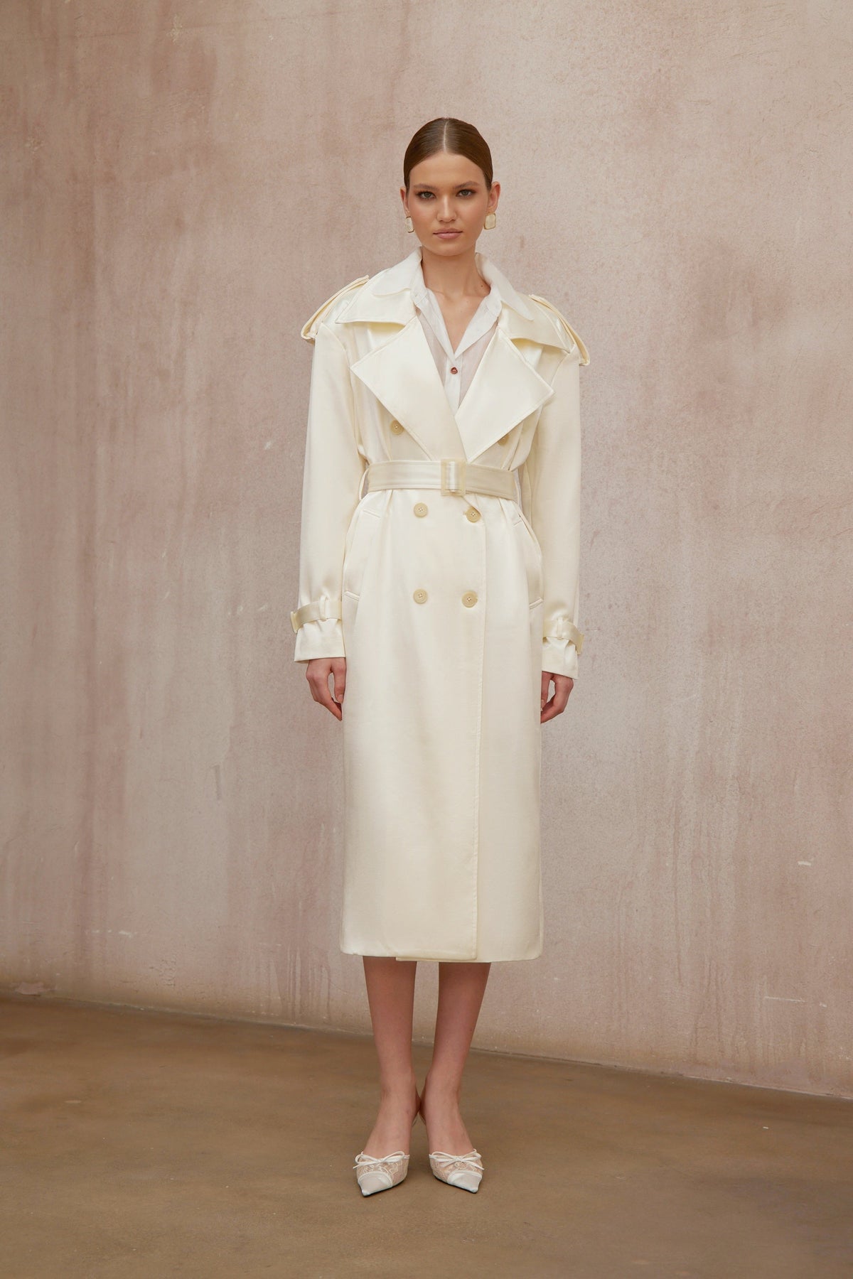 Amélie Cream White Satin Long Trench Coat (Final Sale-US Only)