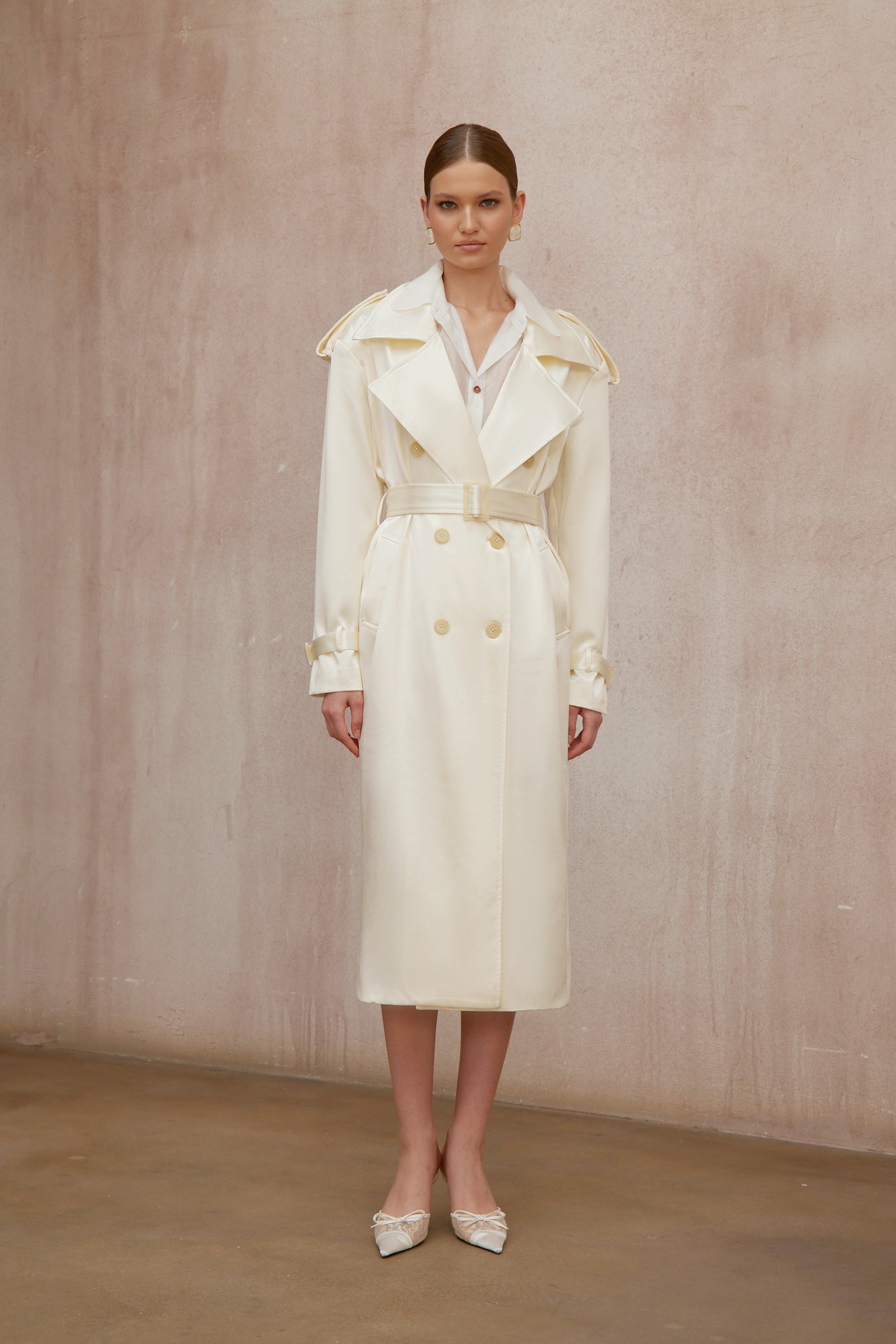 Amélie Cream White Satin Long Trench Coat - ivory