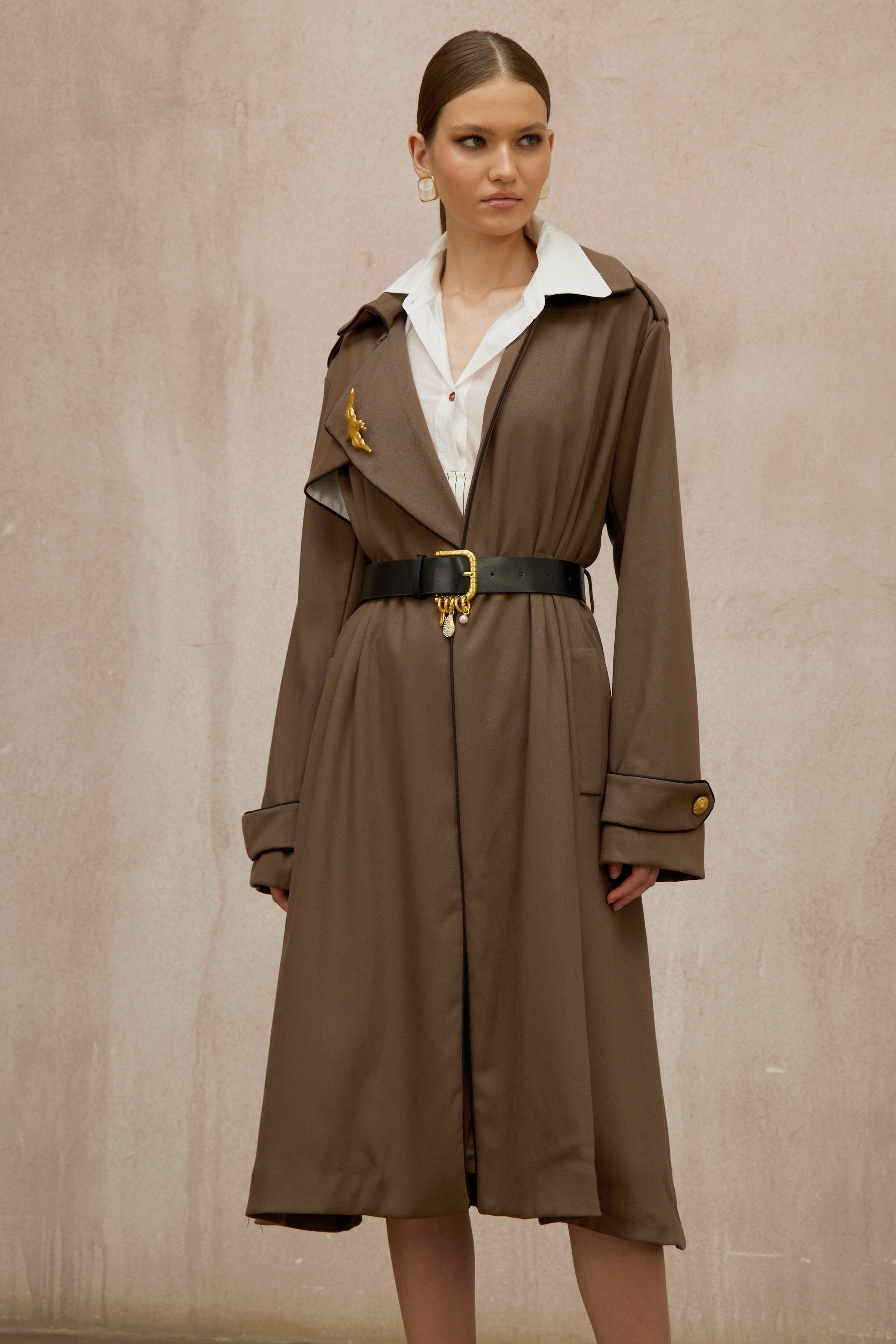 Wanda Brown Belted Long Trench Coat