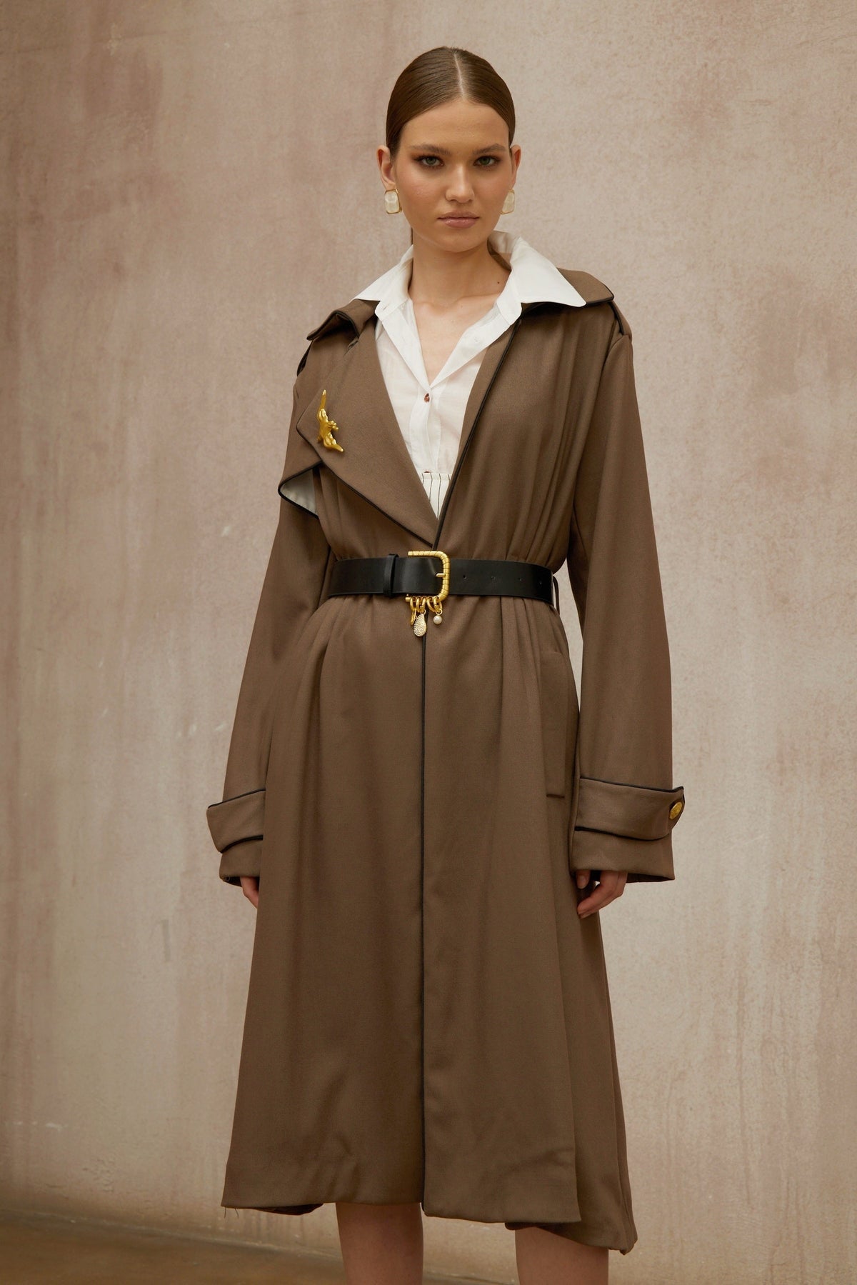 Wanda Brown Belted Long Trench Coat