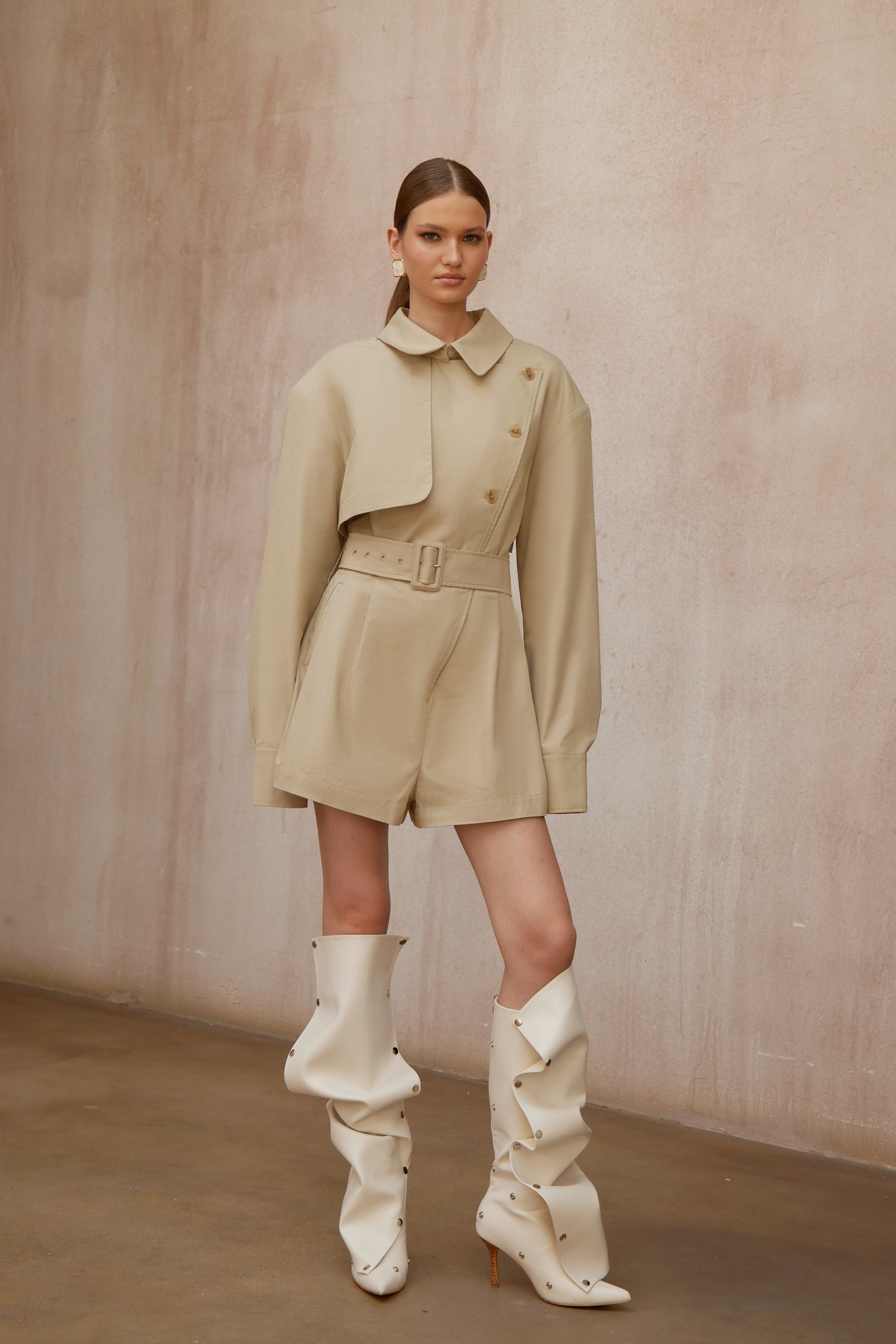 Priscille Khaki Asymmetrical Trench Style Playsuit