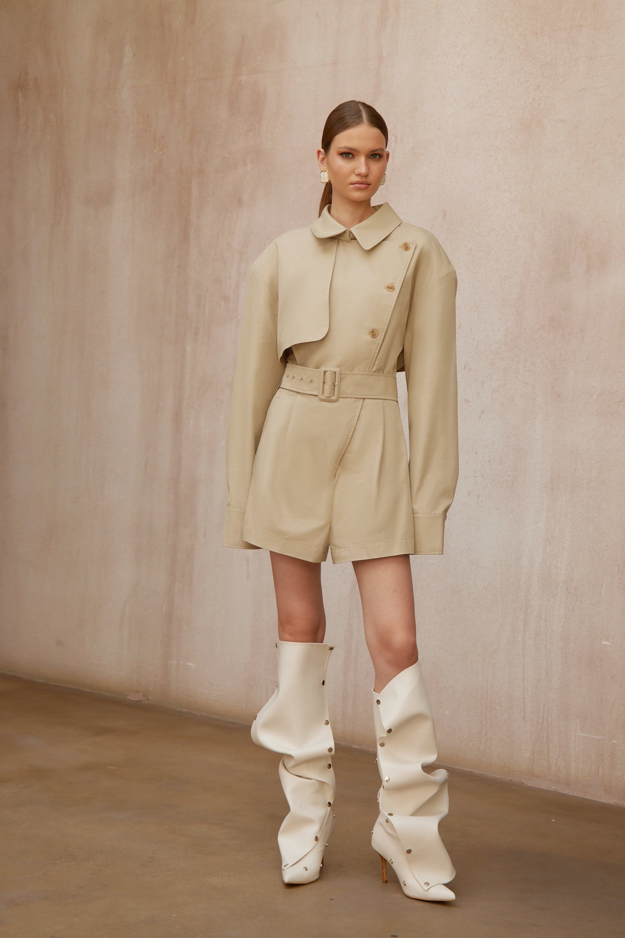 Priscille Khaki Asymmetrical Trench Style Playsuit