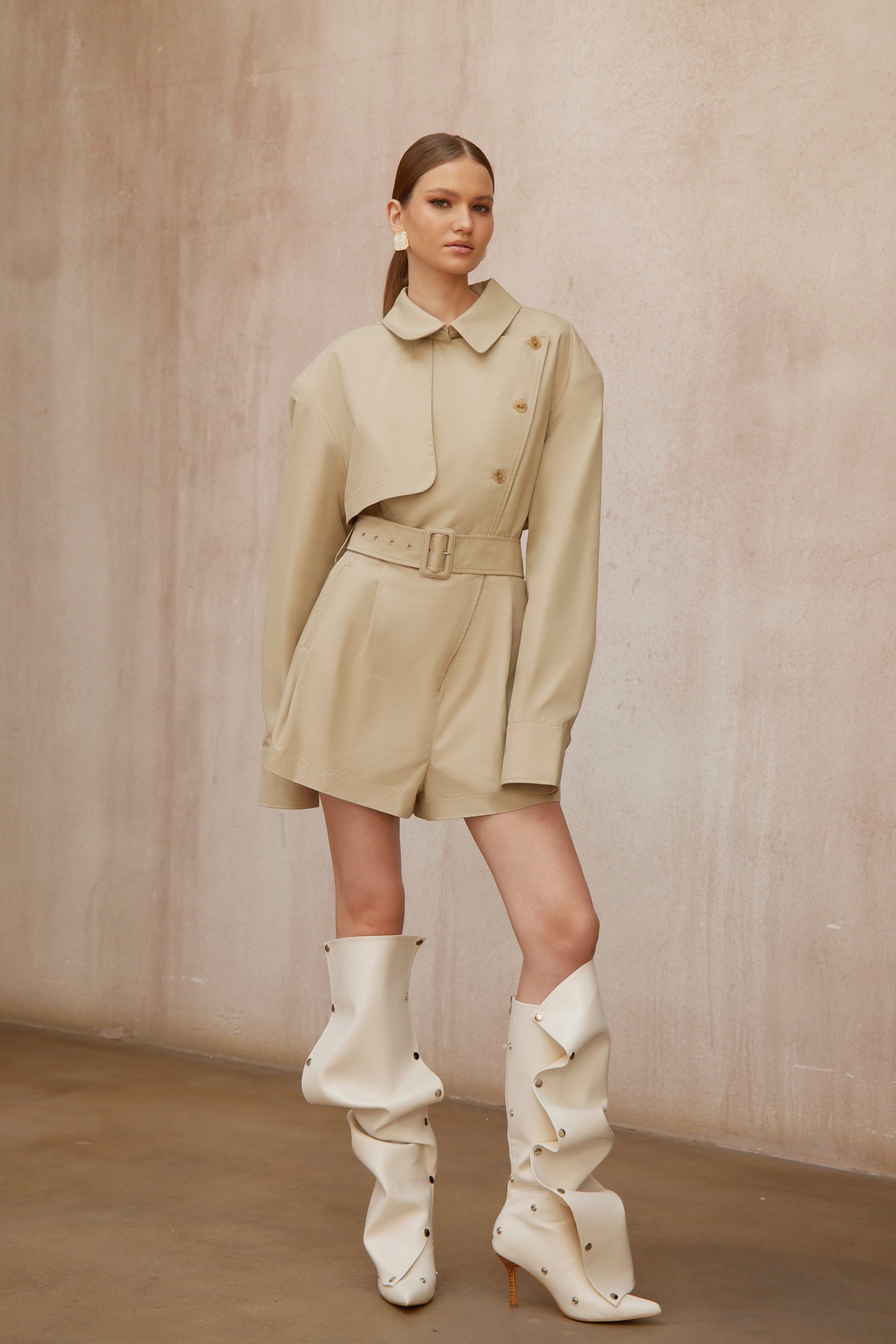 Priscille Khaki Asymmetrical Trench Style Playsuit