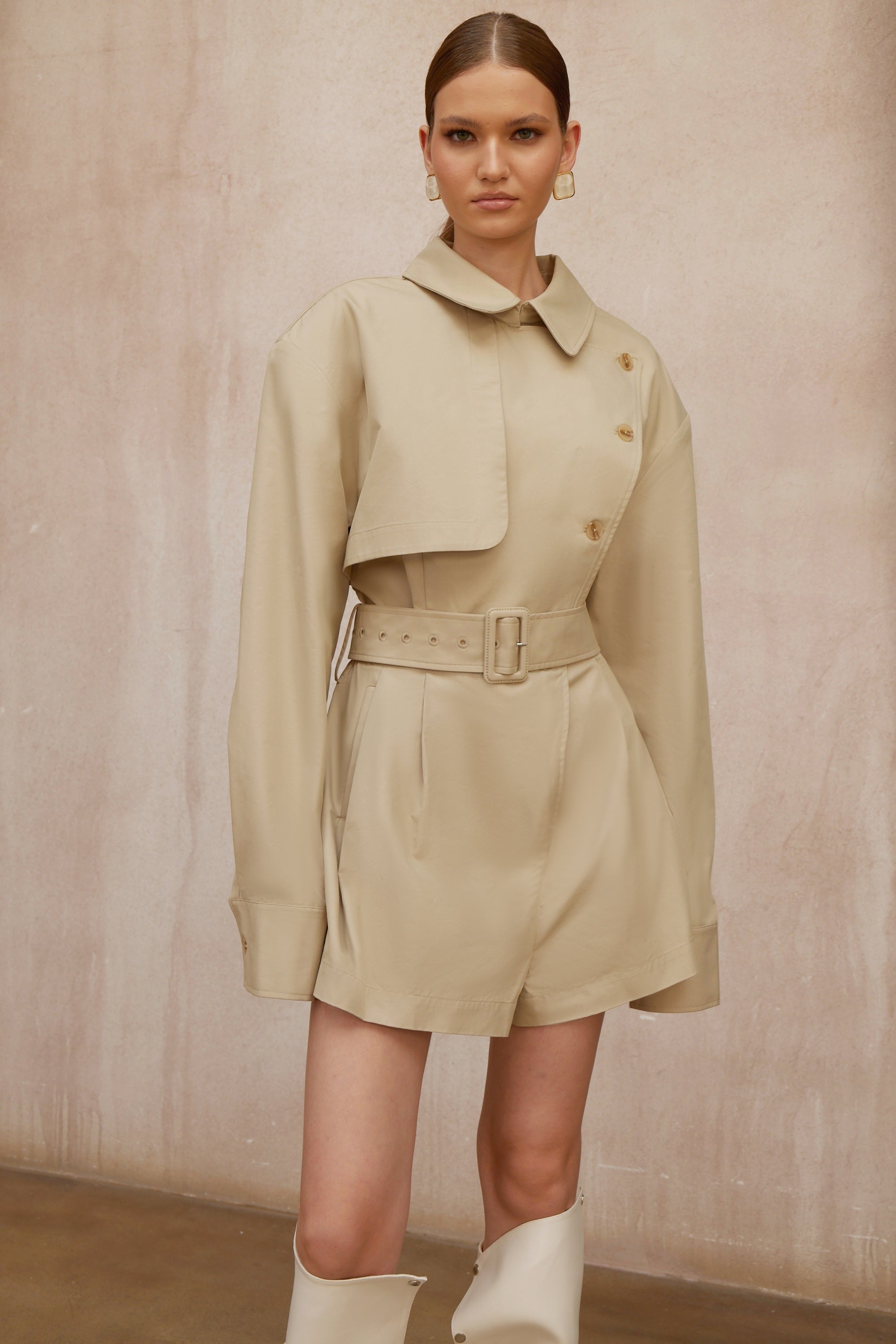 Priscille Khaki Asymmetrical Trench Style Playsuit