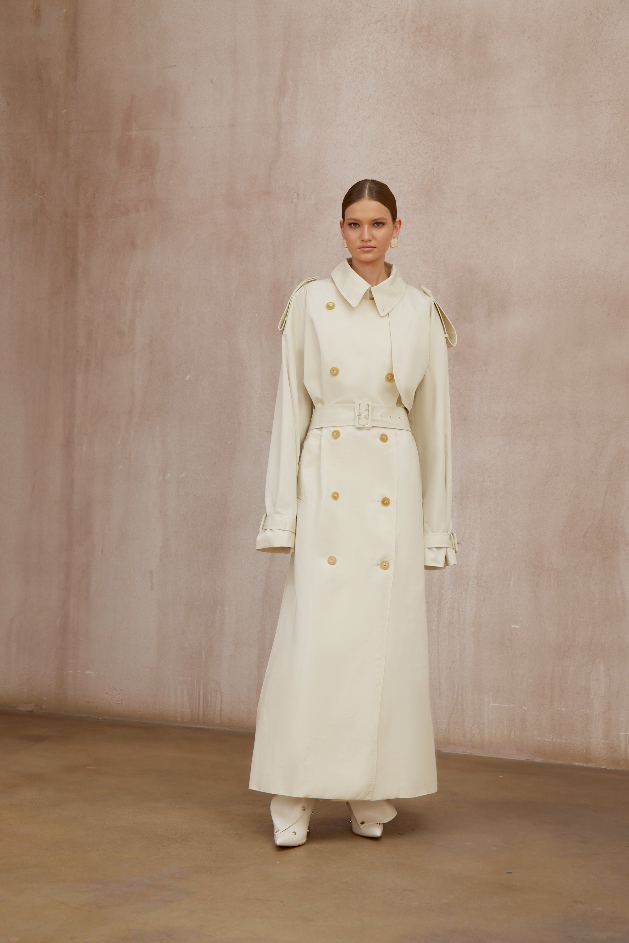 Bruyère White Double-Breasted Long Trench Coat