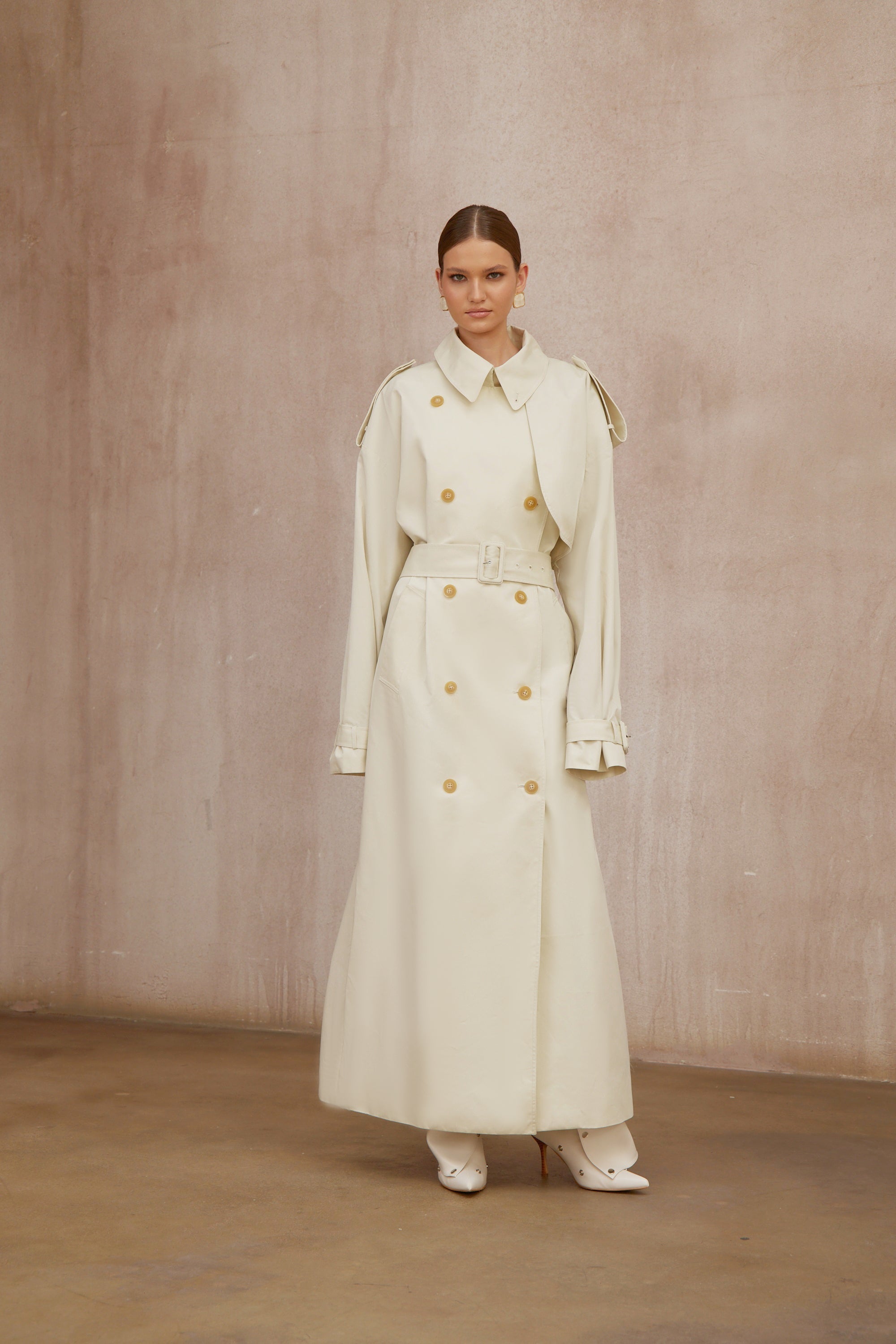 Bruyère White Double-Breasted Long Trench Coat