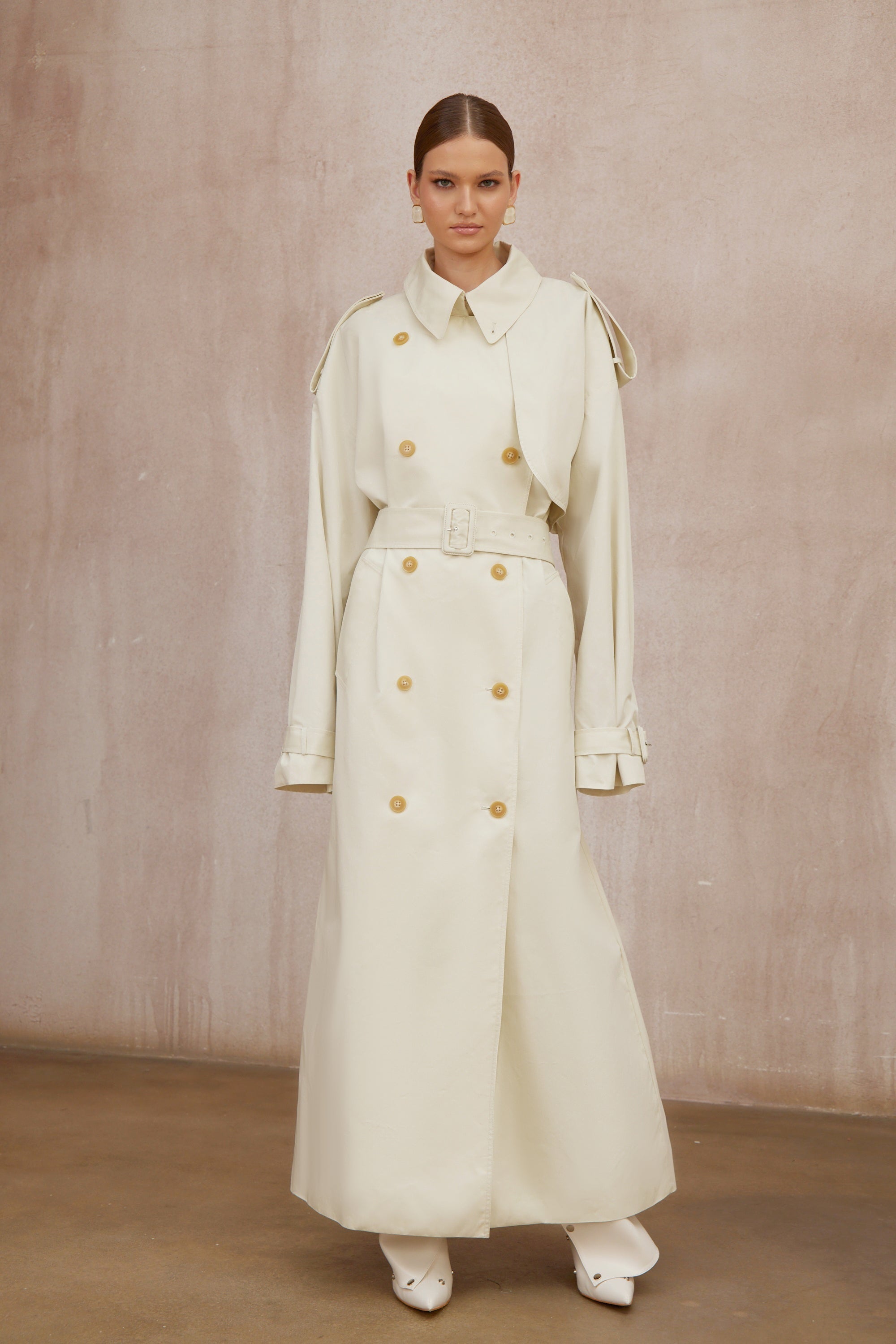 Bruyère White Double-Breasted Long Trench Coat