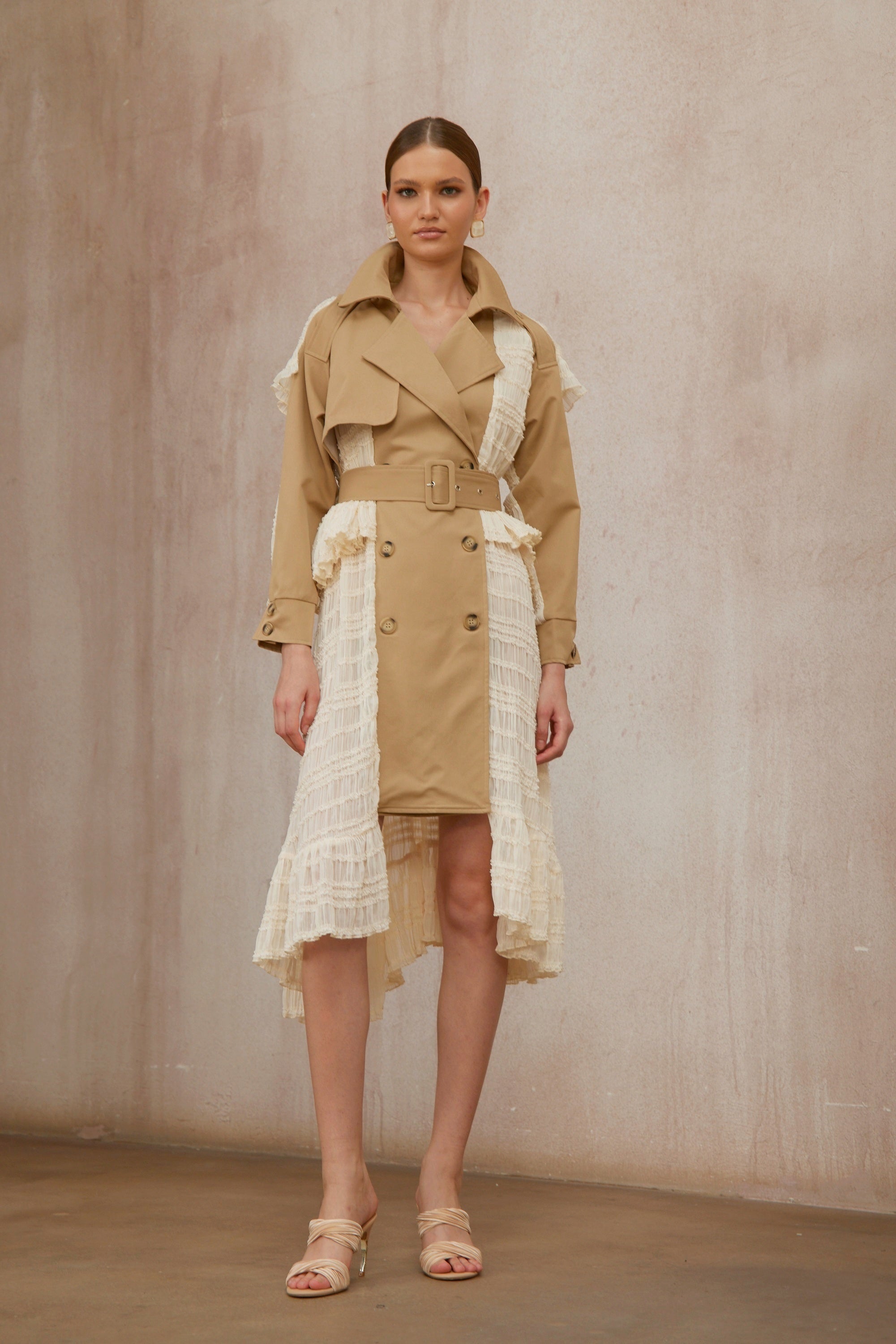 Sara Khaki Lace Panel Long Trench Coat