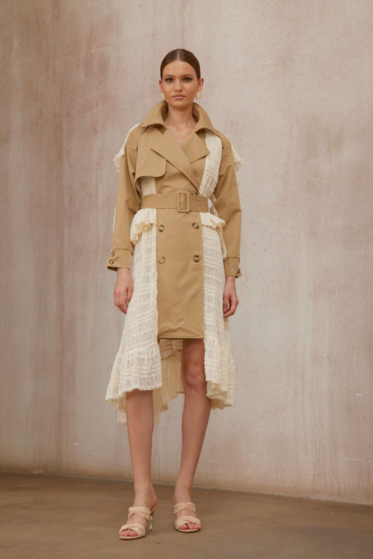 Sara Khaki Lace Panel Long Trench Coat