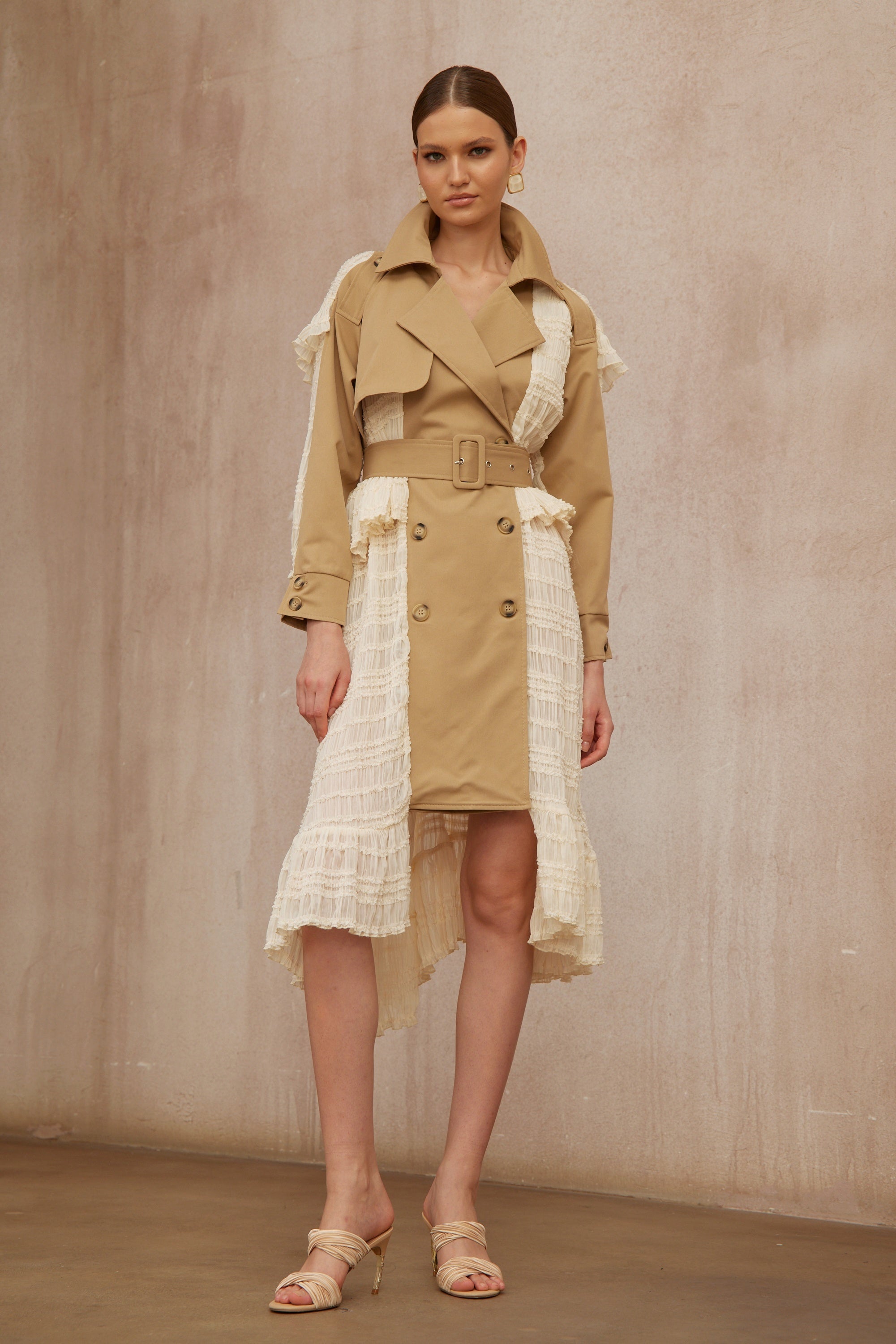 Sara Khaki Lace Panel Long Trench Coat