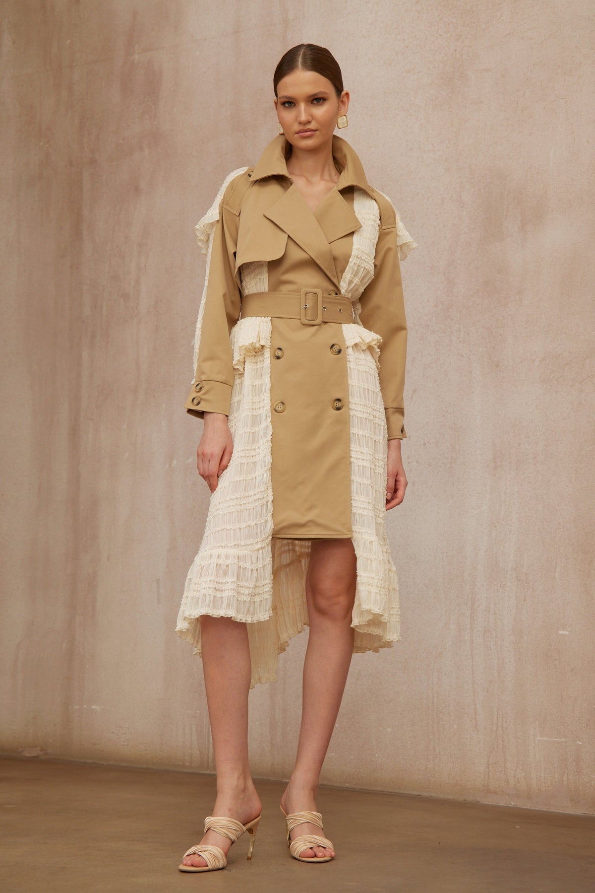 Sara Khaki Lace Panel Long Trench Coat