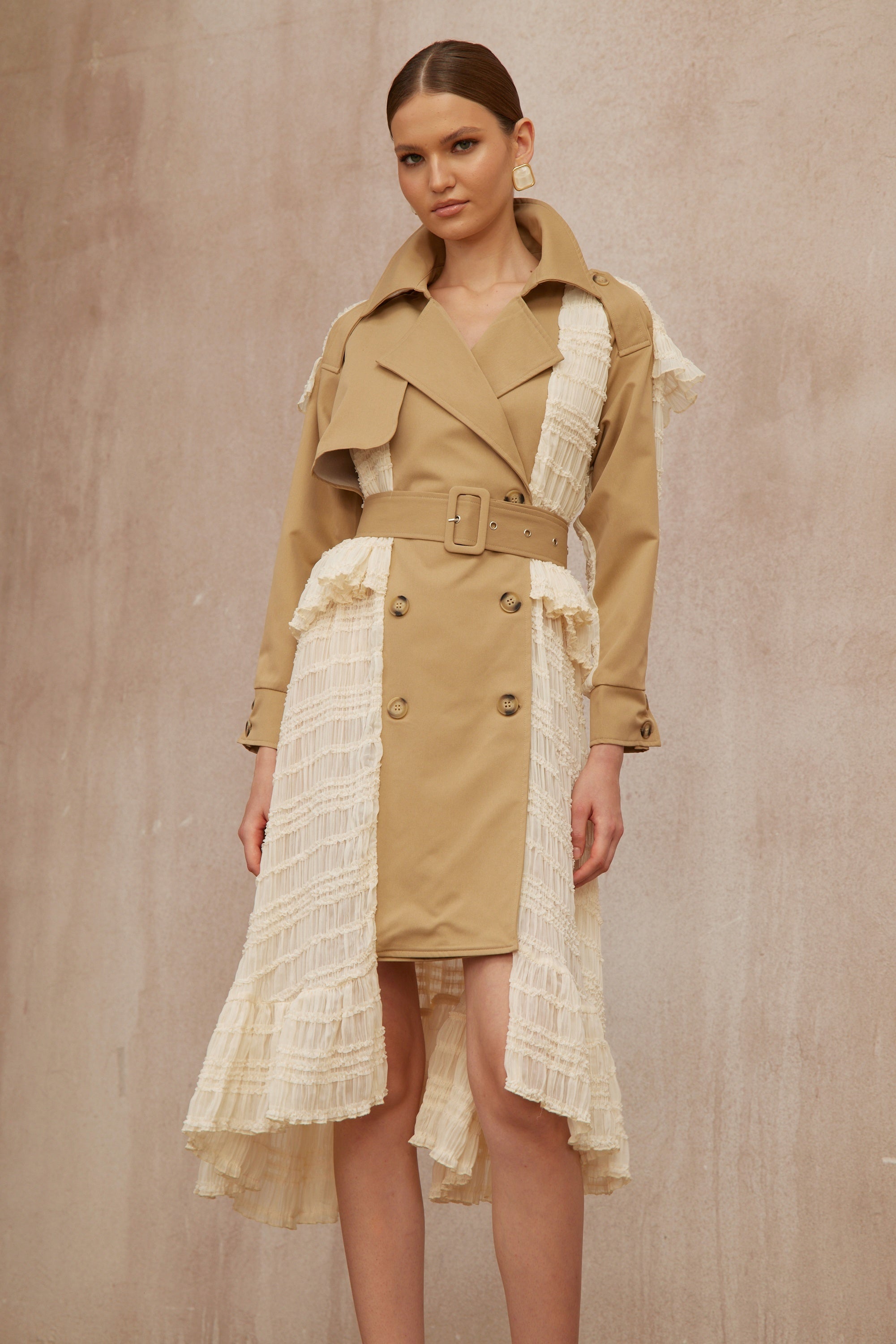 Sara Khaki Lace Panel Long Trench Coat