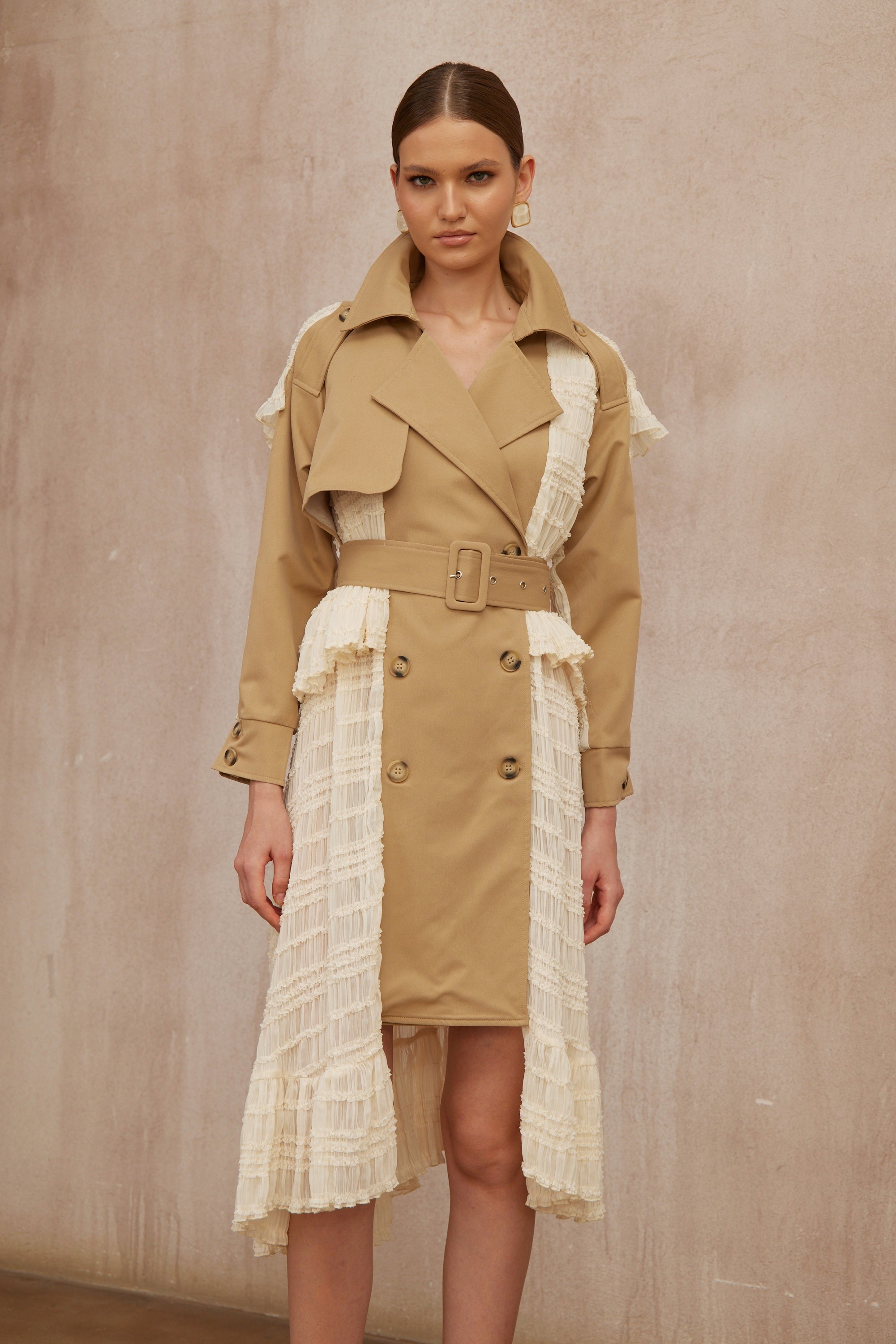 Sara Khaki Lace Panel Long Trench Coat