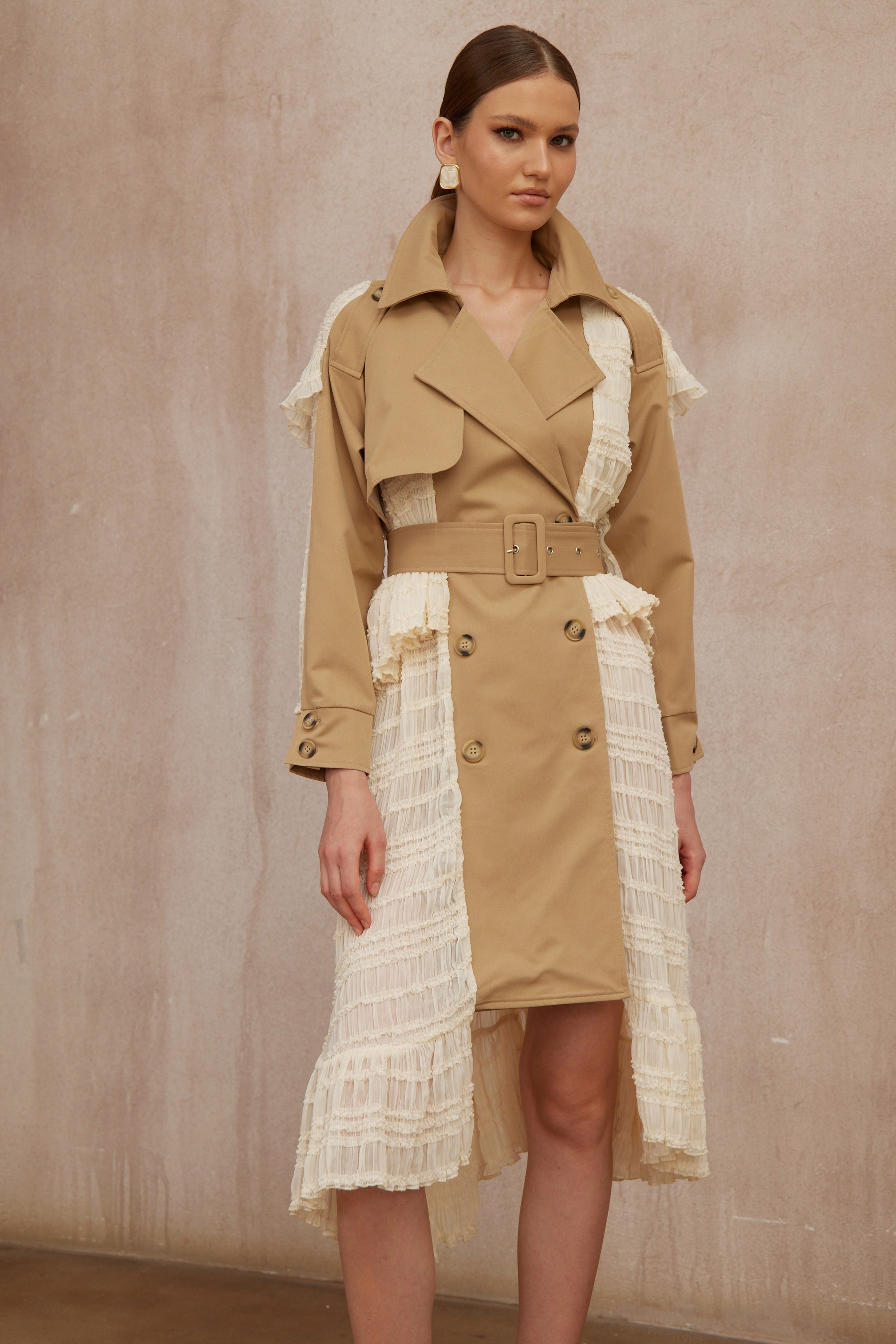Sara Khaki Lace Panel Long Trench Coat