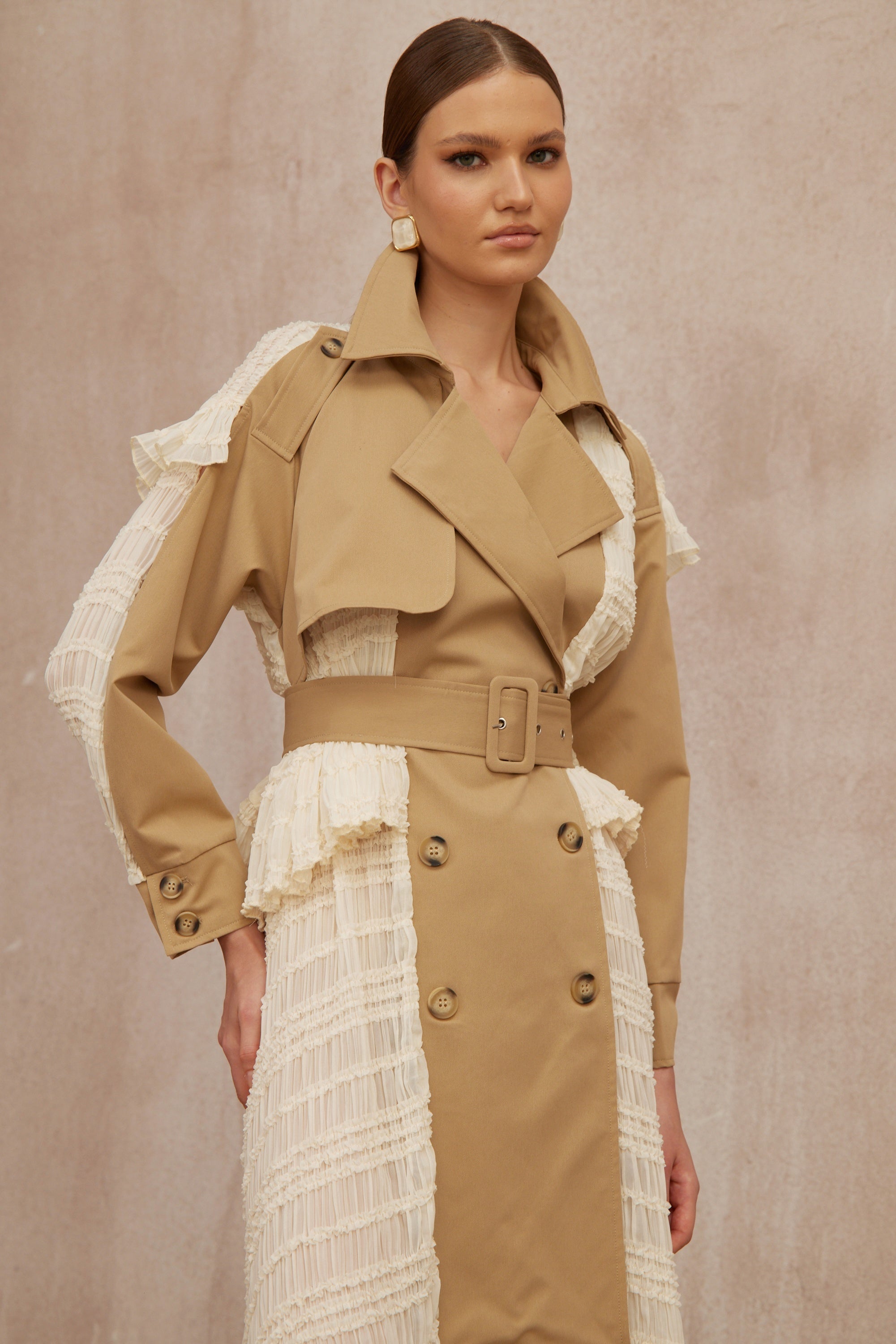 Sara Khaki Lace Panel Long Trench Coat