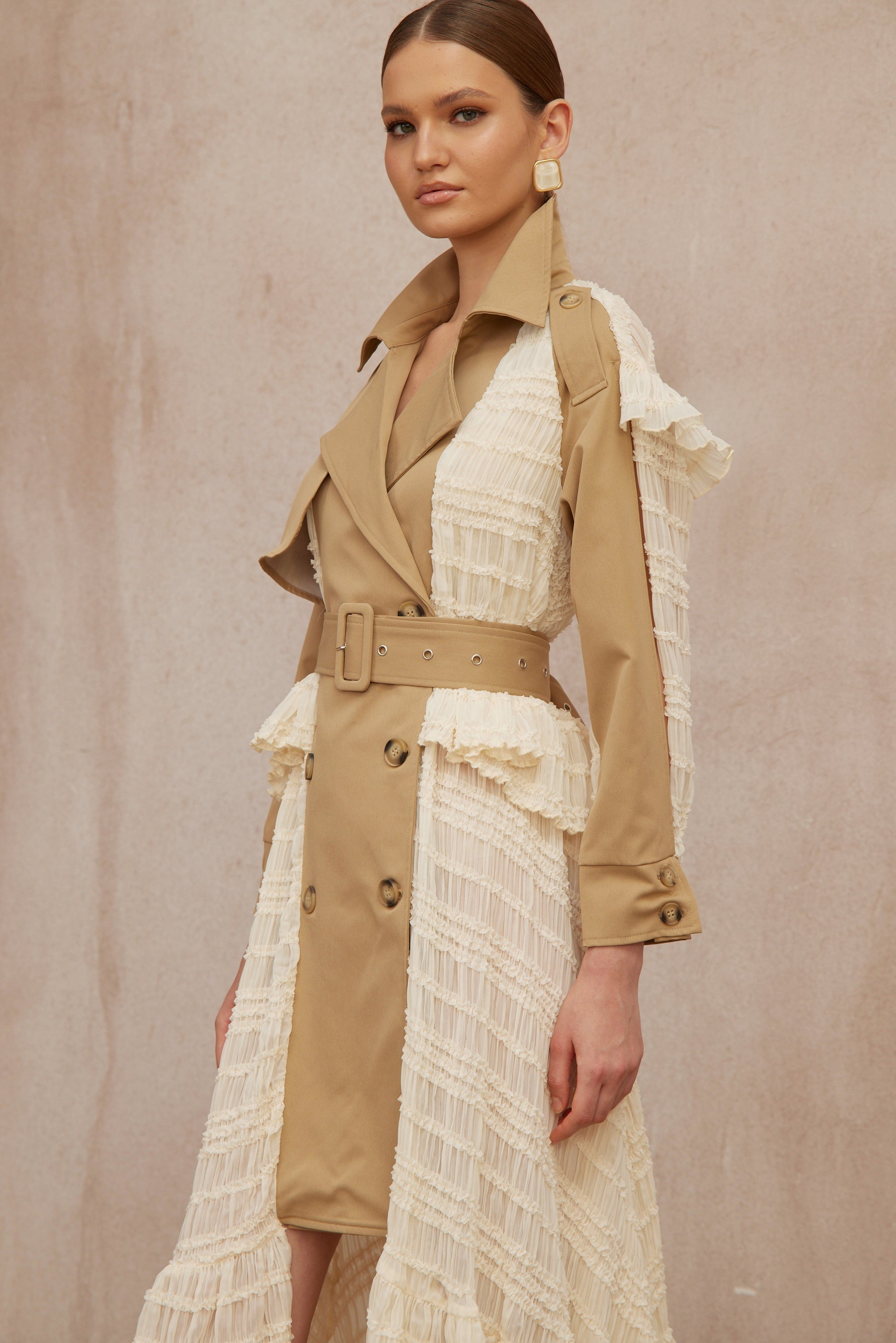 Sara Khaki Lace Panel Long Trench Coat