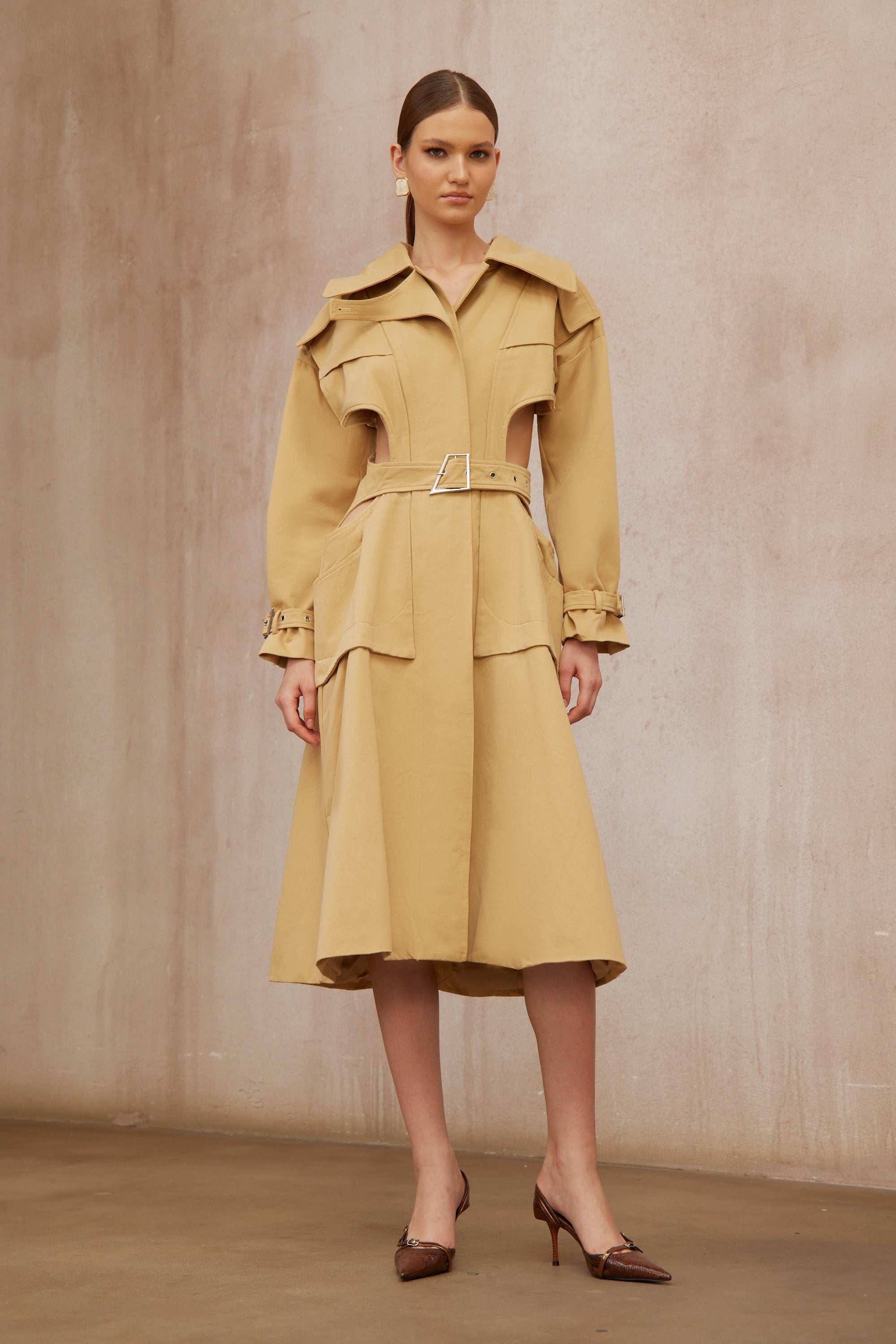 Pilar Neutral Cut Out Belted Long Trench Coat (Final Sale-US Only)