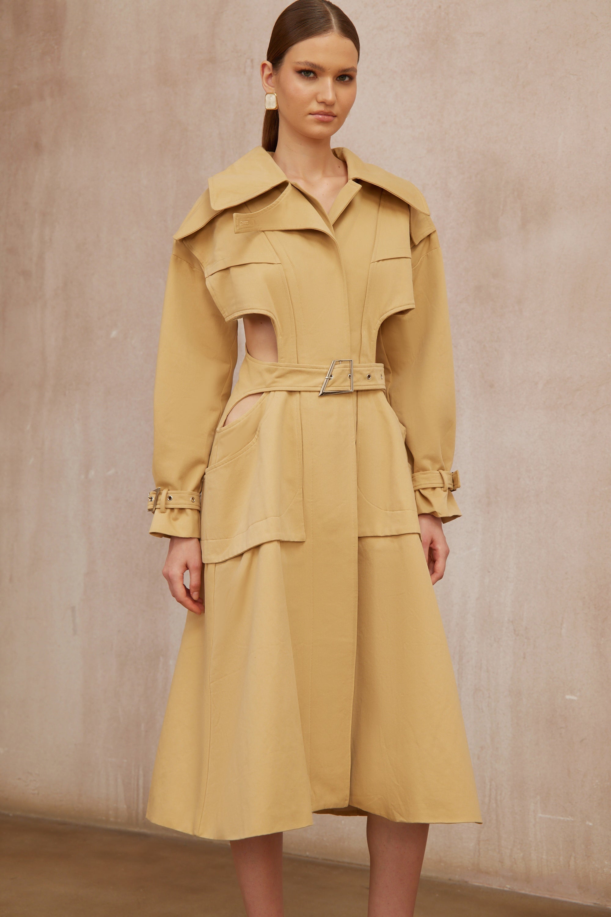 Pilar Neutral Cut Out Belted Long Trench Coat (Final Sale-US Only)